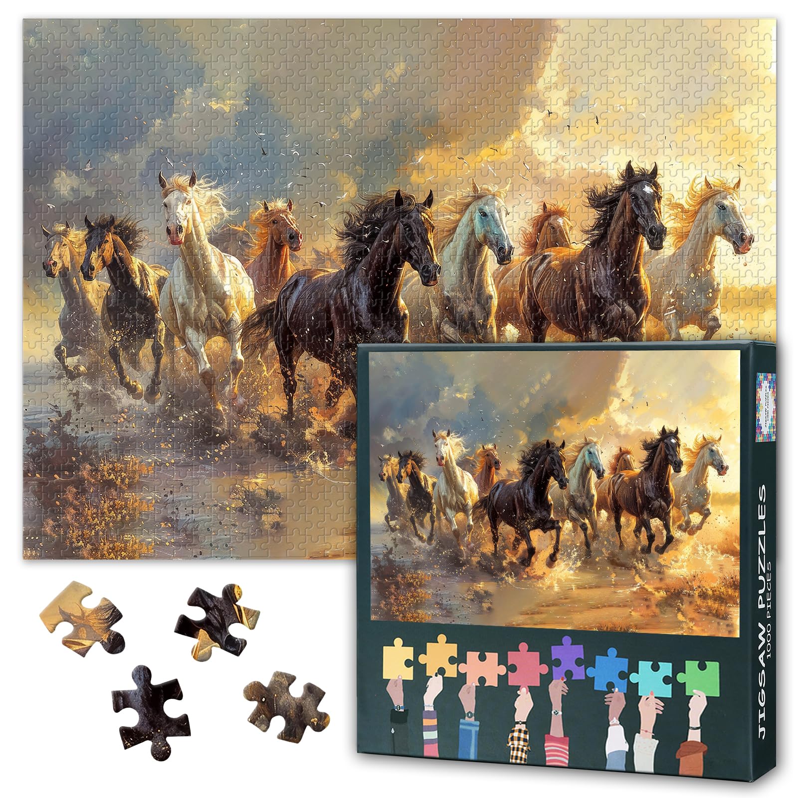 Jigsaw Puzzles for Adults 1000 Pieces - Horses Galloping on River in The Wild, 1000 Piece Puzzle for Adults - 27.5x19.7 In