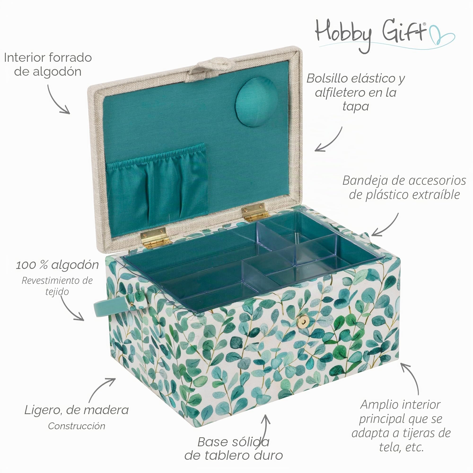 Hobby Gift Caja de Costura Mediana con Asa, Cesta de Algodón para Almacenaje de Costura, Organizador con Compartimentos para Herramientas y Accesorios, 18,5 x 25,5 x 14,5 cm, Eucalipto