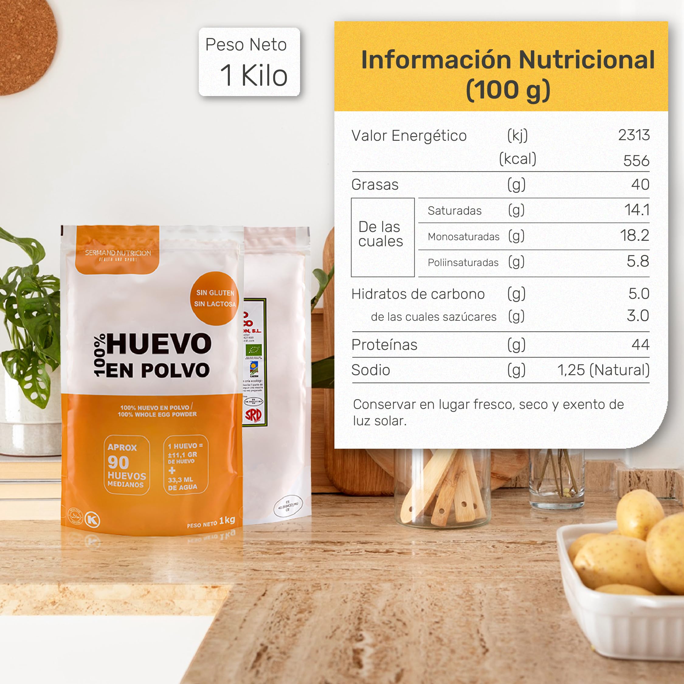 Bio-Eipulver (1 kg) | Ökologische Eier | Getrocknetes Ei | Ohne Zusatzstoffe | Laktosefrei | Glutenfrei | Im wiederverschließbaren Zip-Beutel