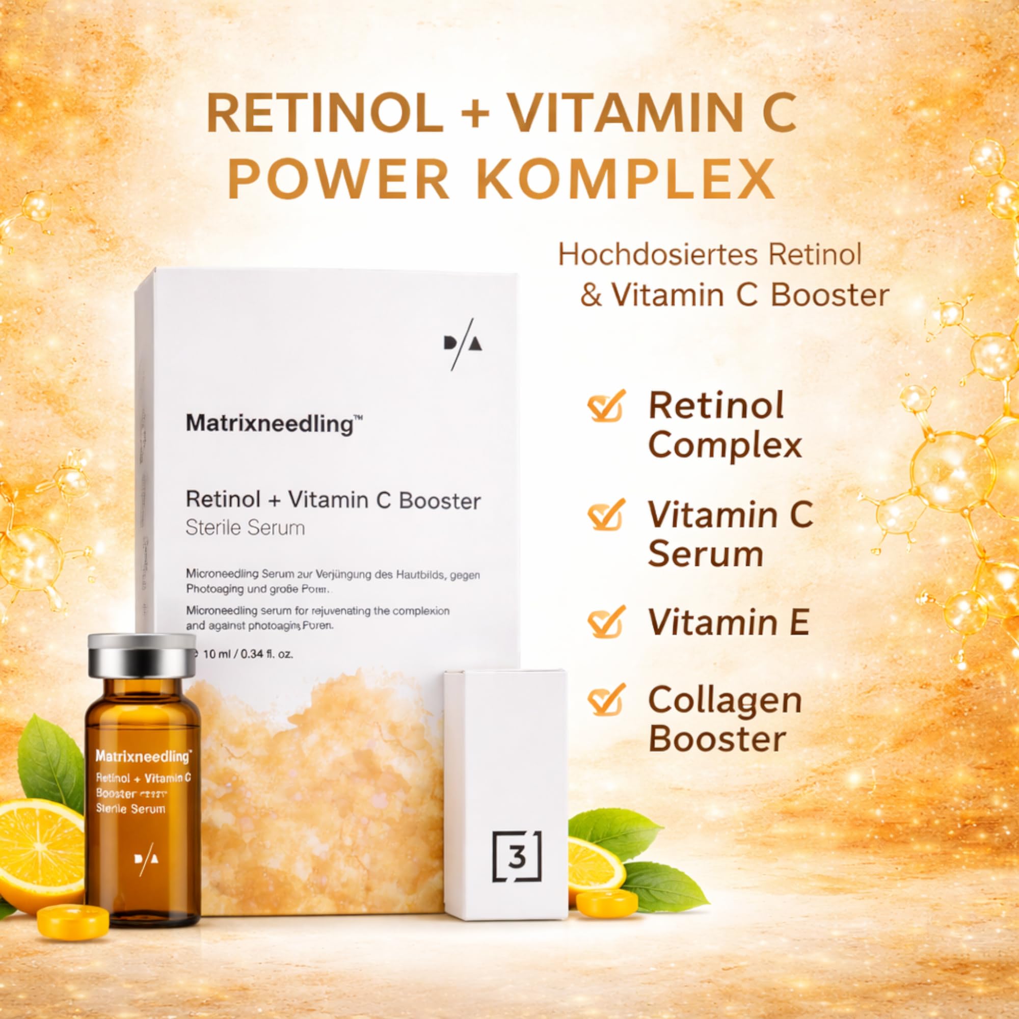 Matrixneedling™ Retinol Vitamin C Serum 10 ml – Hochdosiertes Retinol Serum & Vitamin C Booster – Steriles Microneedling Serum für Dermapen & Dermaroller – Anti Falten Serum, Collagen Booster