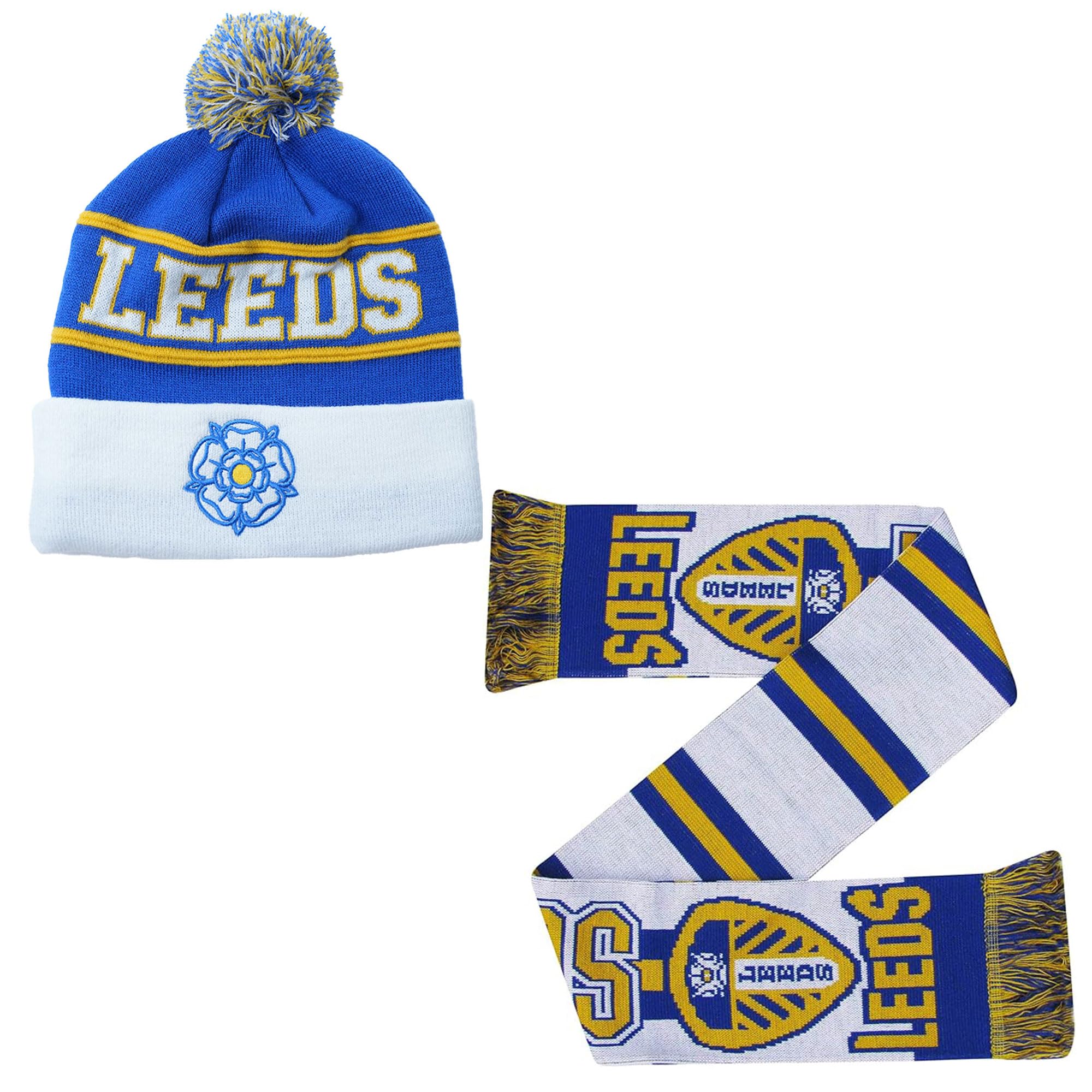 Beyond Happy Unisex Ski Hat & Scarf Leeds Bobble Hat – 100% Acrylic, Heavy Duty Ski Hat With Yorkshire Rose Emboidery, 'Pride Of Yorkshire' - Leeds Football Accessory (Uk, Alpha, One Size, )