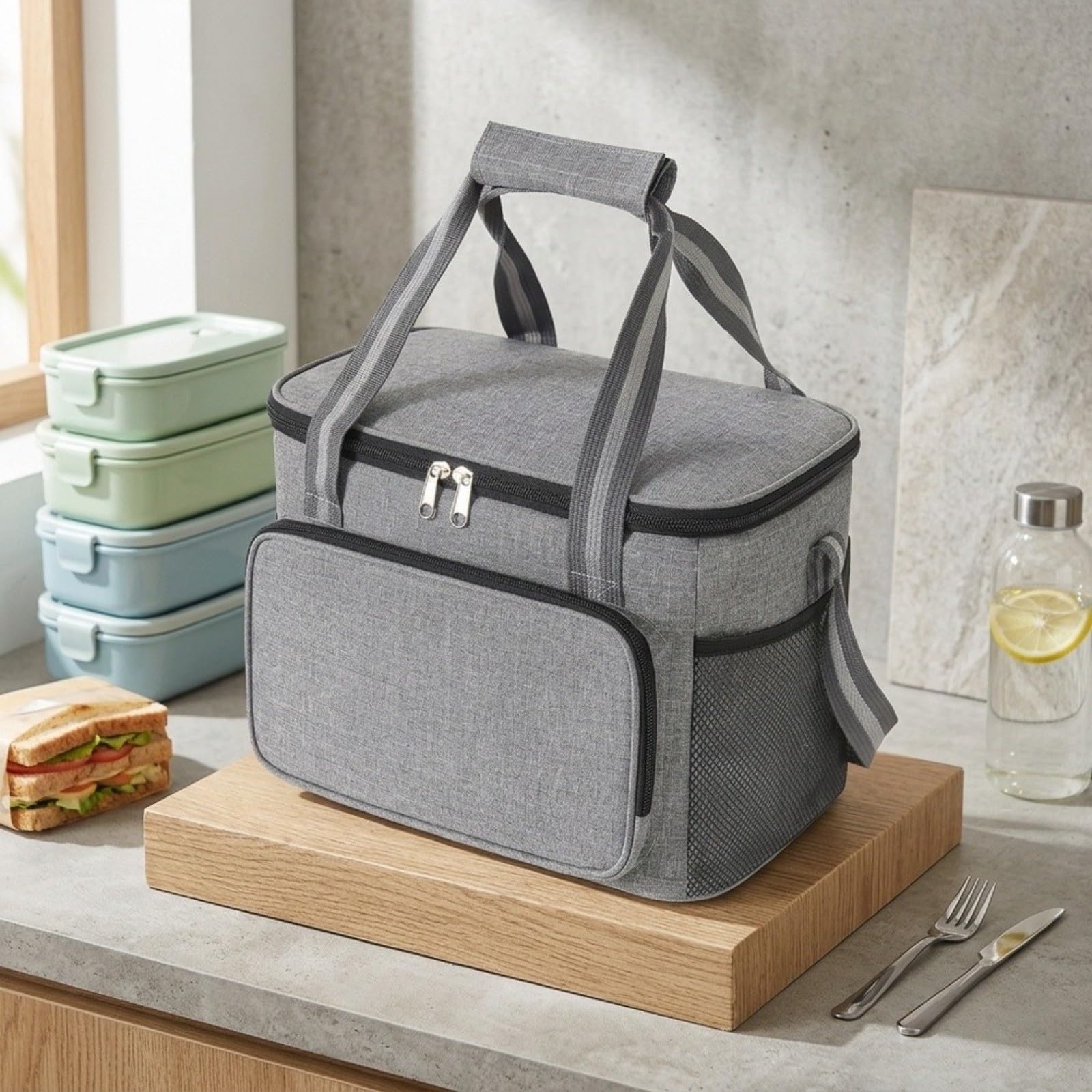 Lonchera térmica con correa ajustable para el hombro, bolsa térmica PEVA para la escuela, picnic, playa, 31 x 23 x 19 cm, tela Oxford, gris