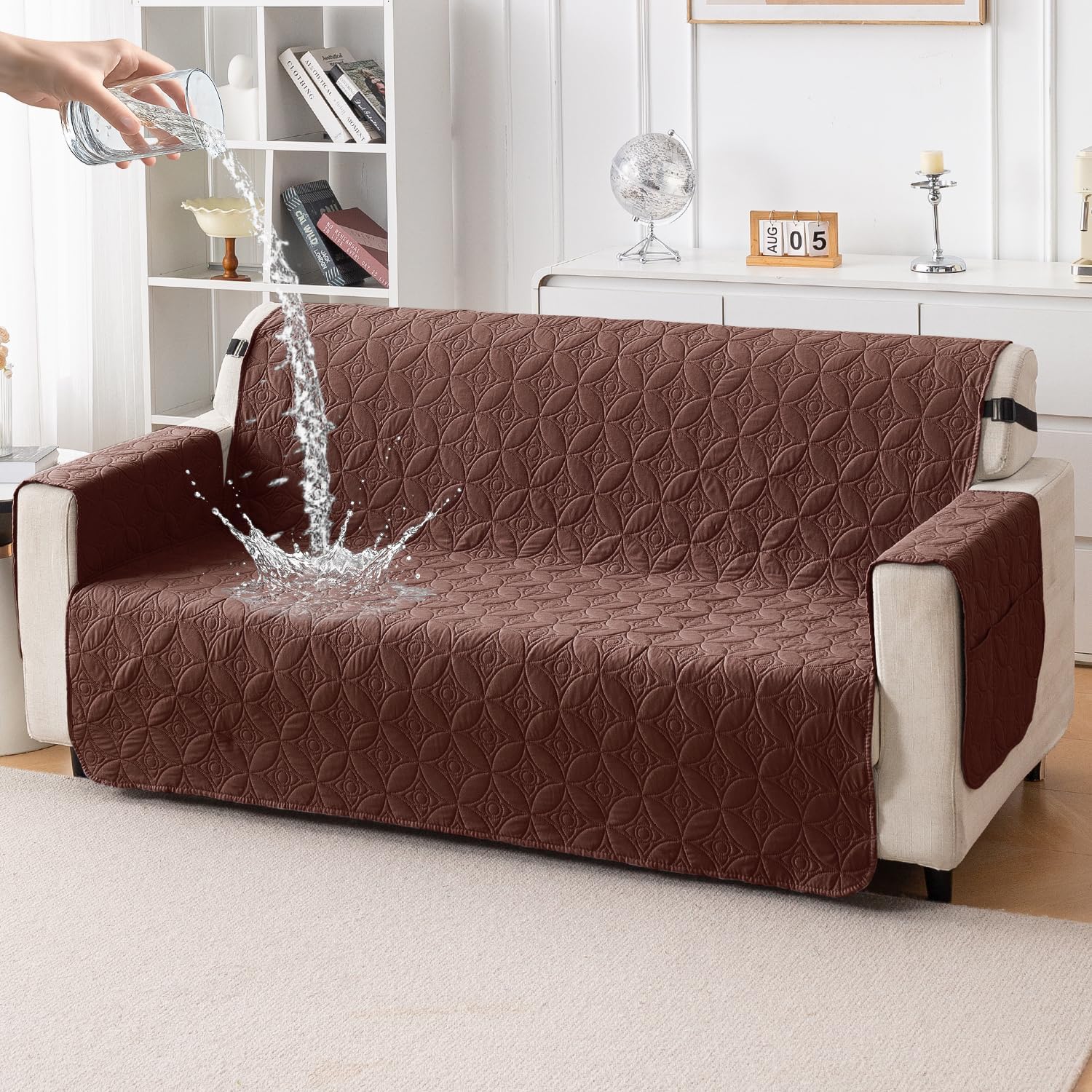 HOKIPO 3 Seater Sofa Cover – 5 Layer Quilted Sofa Mat, 100% Leakproof Protection, Non-Slip Elastic Strap, Soft & Durable Sofa Protector with Side Pockets for Living Room, Chocolate Brown(NEW-6275-BR)-image-18