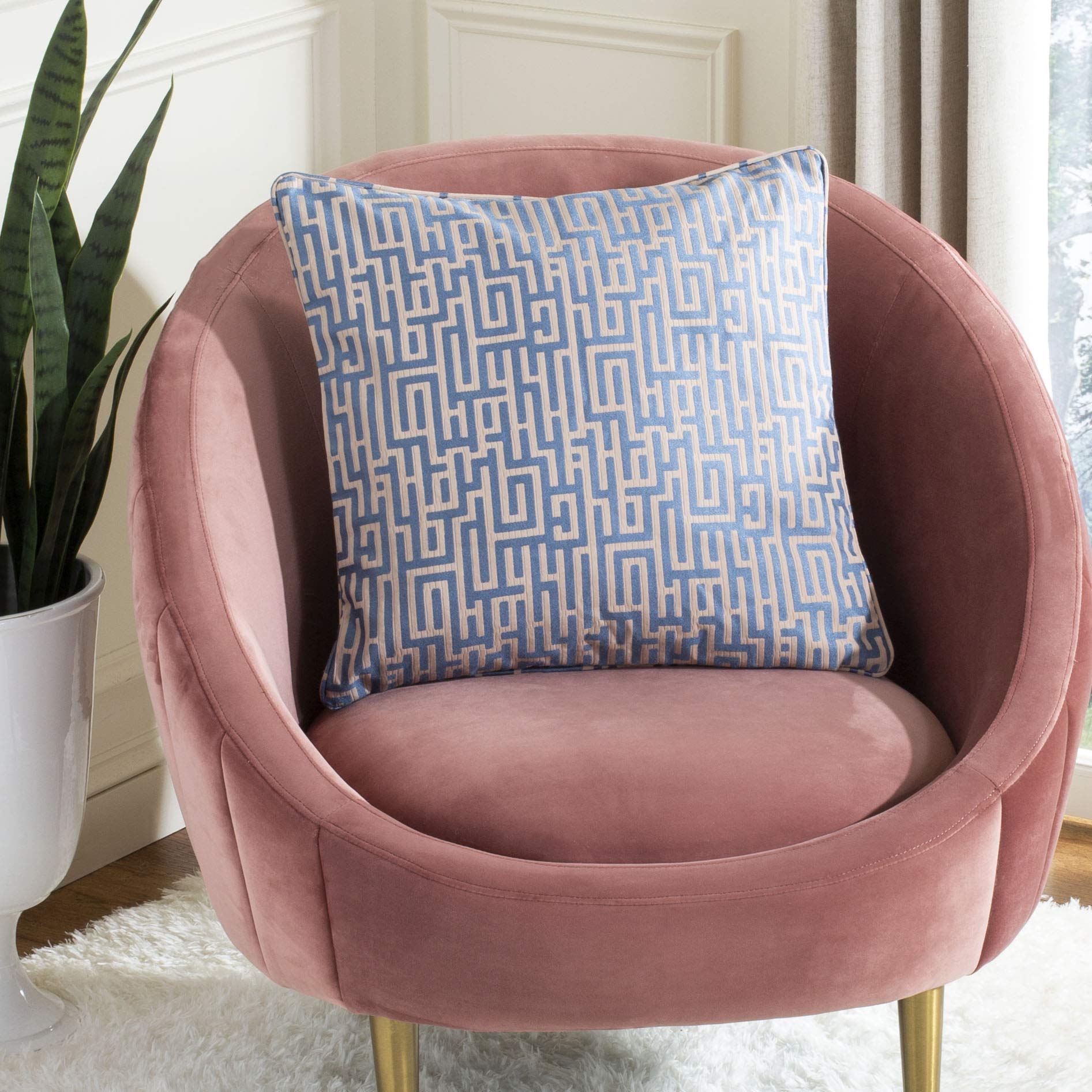 SAFAVIEH Home Basma Blue and Tan Geometric Greek Key 20-inch Decorative Pillow Pillow