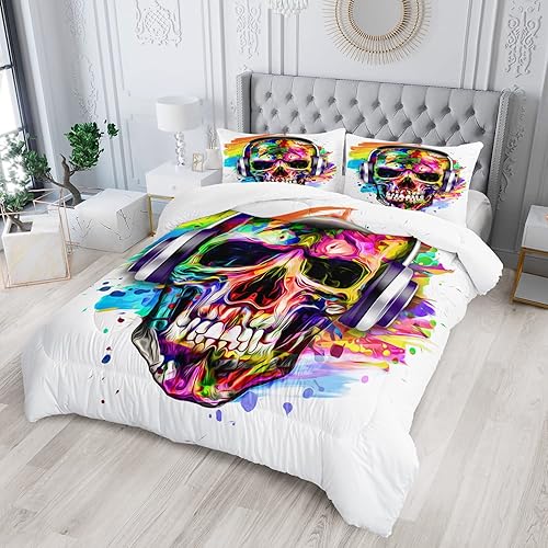Miniatura 2 de AILONEN Juego de edredón de calavera para adolescentes y niños, juego de ropa de cama con estampado de calavera, tamaño Queen, edredón superior