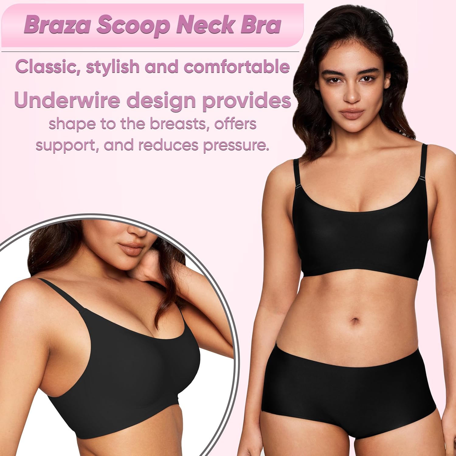 Scoop Neck Padded Bra – Comfortable Build-in Silicone Underwire Seamless Bra - Full Coverage Bra's with Hook & Eye Closure - Image 4