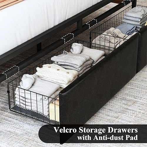 Miniatura 4 de WELTOKE Base de cama tamaño King con cabecera de almacenamiento y cajones de velcro, cama de cuero tapizada negra con estación de carga de 2