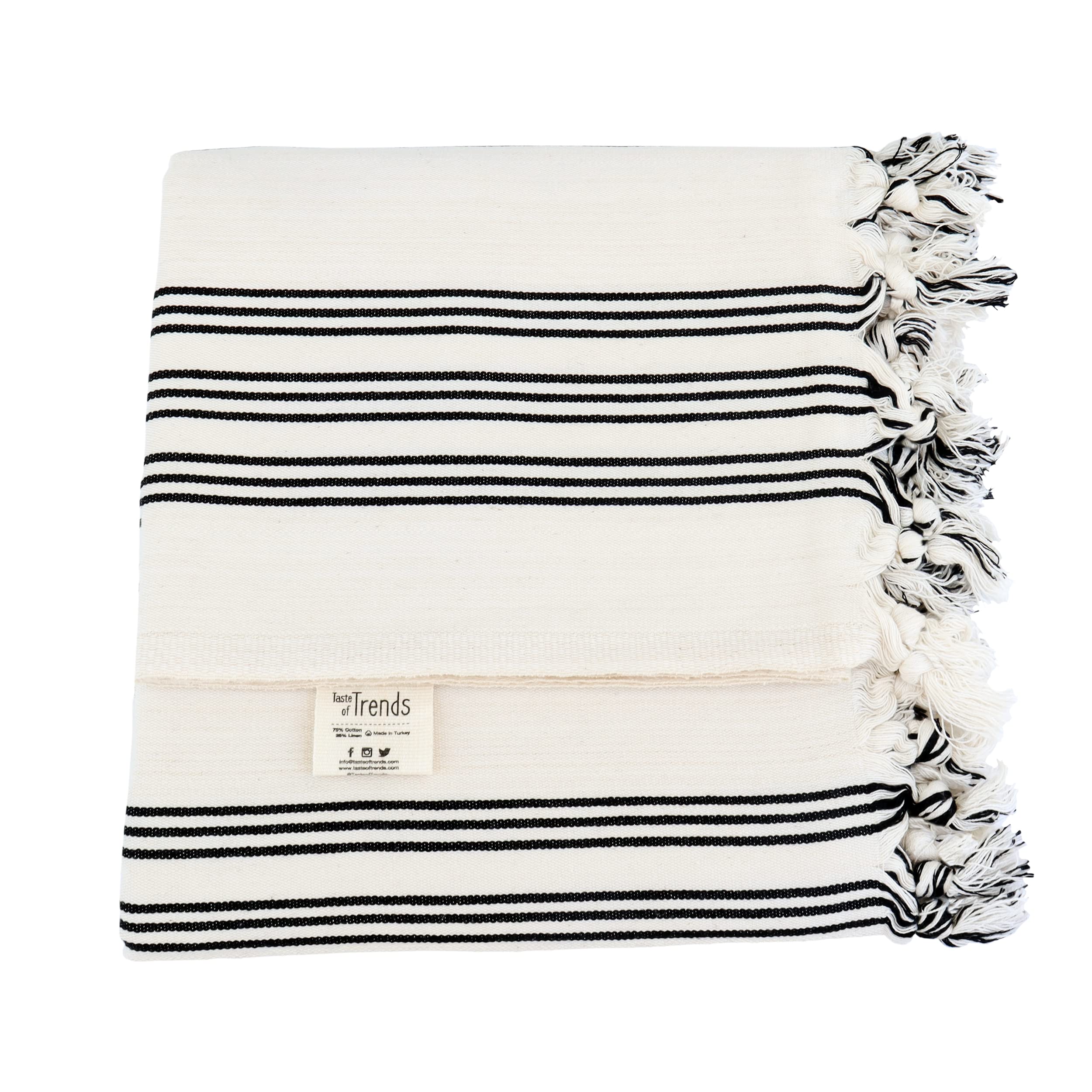 Taste of Trends75% Raw Cotton %25 Linen Eco-Friendly Turkish Peshtemal Towel - Fouta for Beach Bath Pool Sauna Gym Gift – Natura Peshtemal, Oversized 37"x 71" - 95cm x 180cm (Cream - Black Stripes)