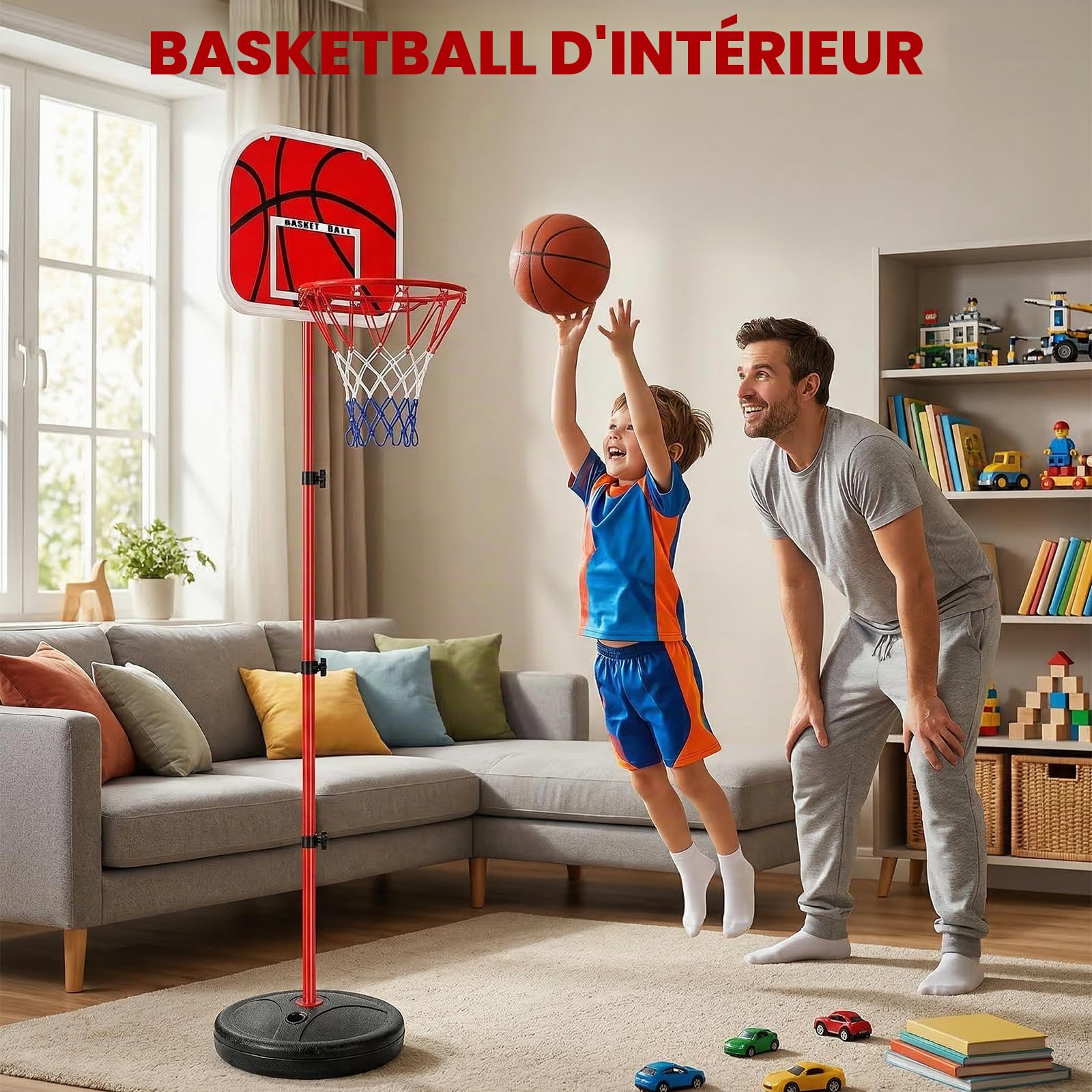 Panier de Basket Réglable en Hauteur 40-140 cm pour Enfants, Support de Basket Miniature Robuste Intérieur et Extérieur, Jouet de Sport avec Panneau Rouge, Panier de Basket Extérieur 3 Ans+