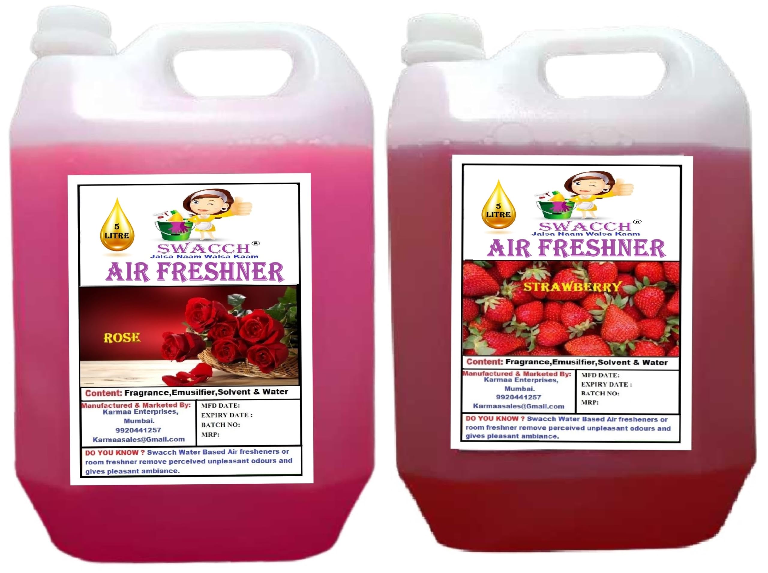 Air Freshner For Home, Hotels I Work Space & Office I Long Lasting I Ready to use I Water Based I Rose & Strawberry 5 Litre Combo Pack of 2