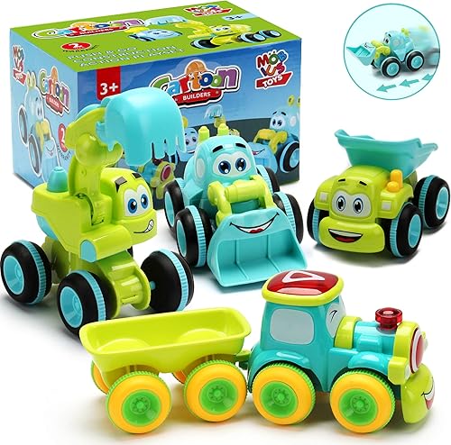 Juguetes para un niño de 2 años 4 camiones accionados por fricción para niños de 3 años en adelante, juego de vehículos de construcción de dibujos