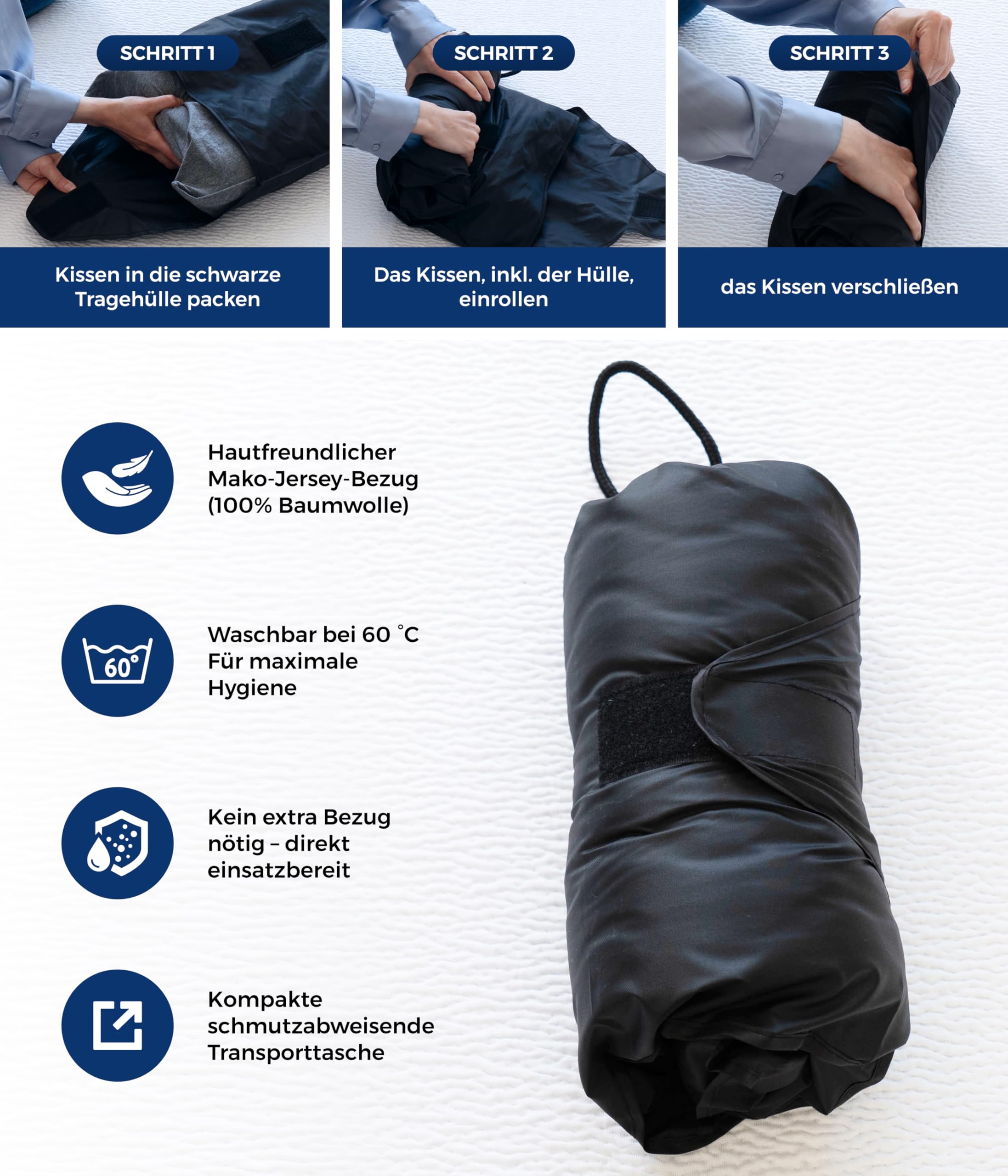 TRAVEL Reise-Nackenstützkissen | Orthopädisch, Formpur® Hybridschaum, Ergonomisch & atmungsaktiv, Für Hotel, Pension, Ferienwohnung & Camping