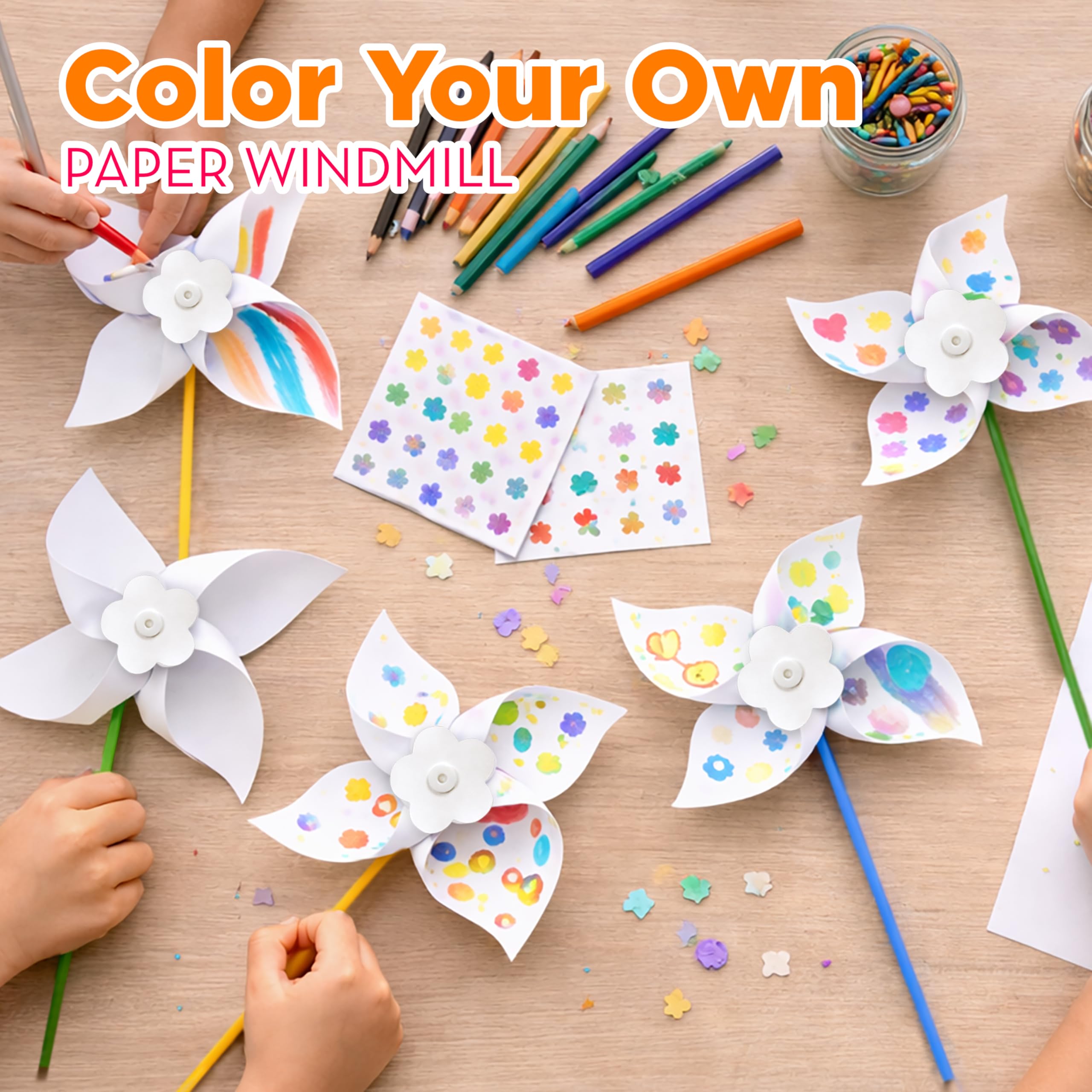 4E's Novelty 24 Pack DIY Pinwheels Craft for Kids, Bulk Summer Pinwheel Craft Kit, Color Your Own Paper Windmill for Pinwheels for Kids Bulk July 4 Craft for Kids Art Games