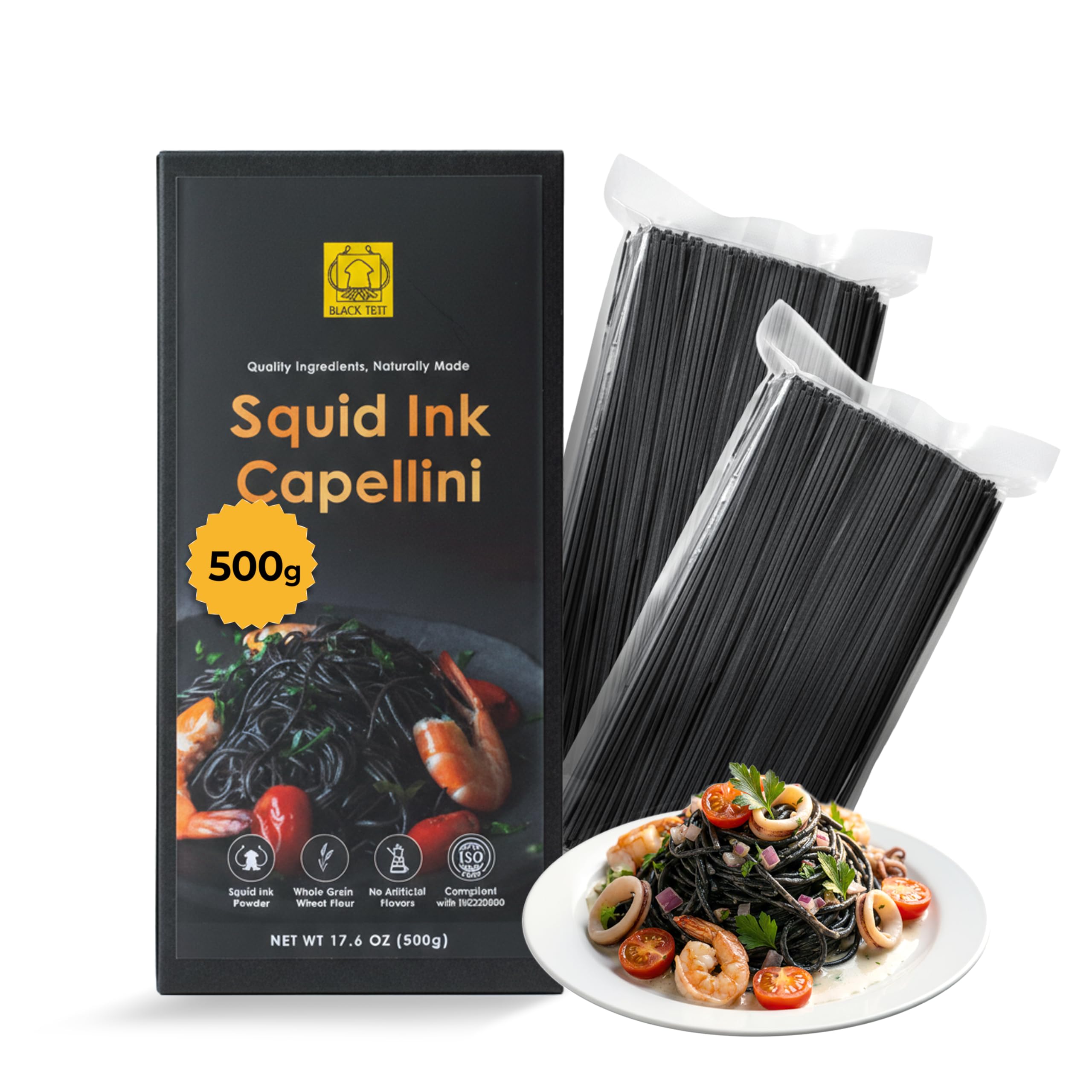 Black Hut Squid Ink Pasta - 17.6oz/ 500g, Skinny Capellini, Natural Ingredients, Spaghetti for Halloween Food, Angel Hair Pasta for Seafood Pasta, Aglio e Olio, Contains Molluscs, Wheat