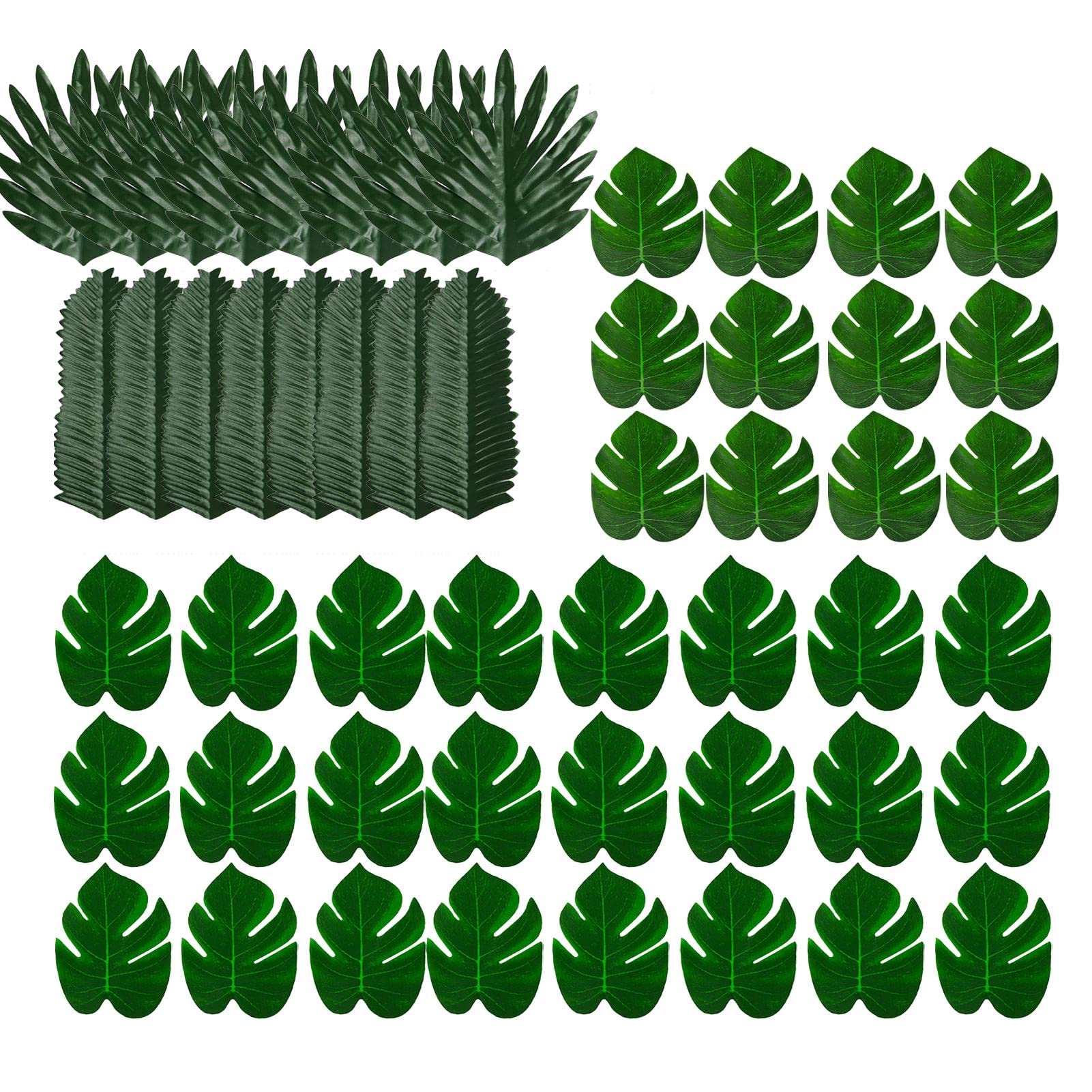QOTSTEOS 52pcs/set Artificial Tropical Leaves Decor, 3 Kinds Simulation Leaf Jungle Beach Theme, Green Artificial Tropical Monstera Leaves, for BBQ Birthday Party Decoration(Green)
