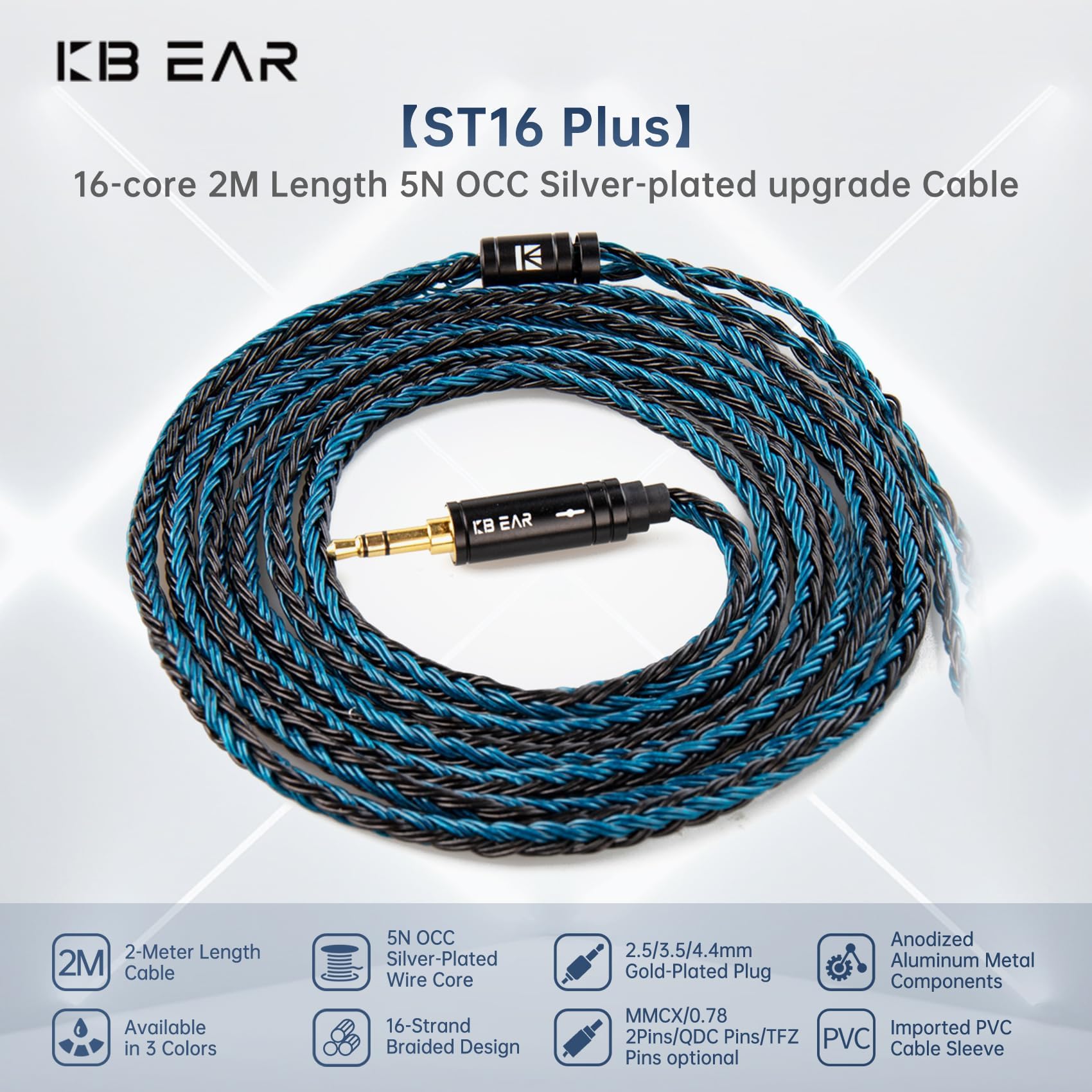 6ft+/2 Meter Length Earphone Cable KBEAR ST16 Plus 16-Strand 2M Length 5N OCC Silver-Plated Upgrade Braided Headphone Extension Cords (2.5MM QDC, Black Blue)