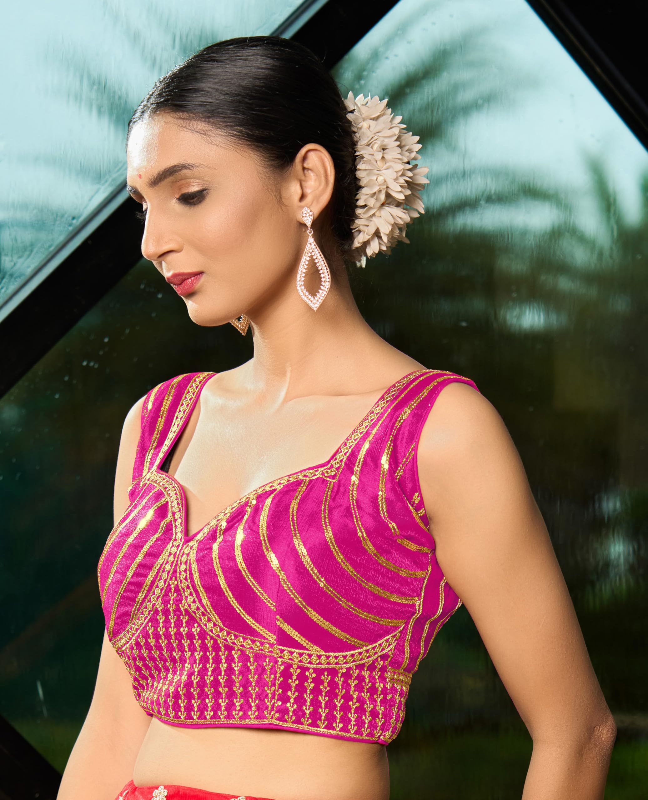 Pujia Mills Women's Readymade Blouse Embroidery Multi Coding Gold Thread Indian Ethnic Designer Stitched Readymade Saree Sleeveless Pink Blouse For Women For Saree Lehenga Choli