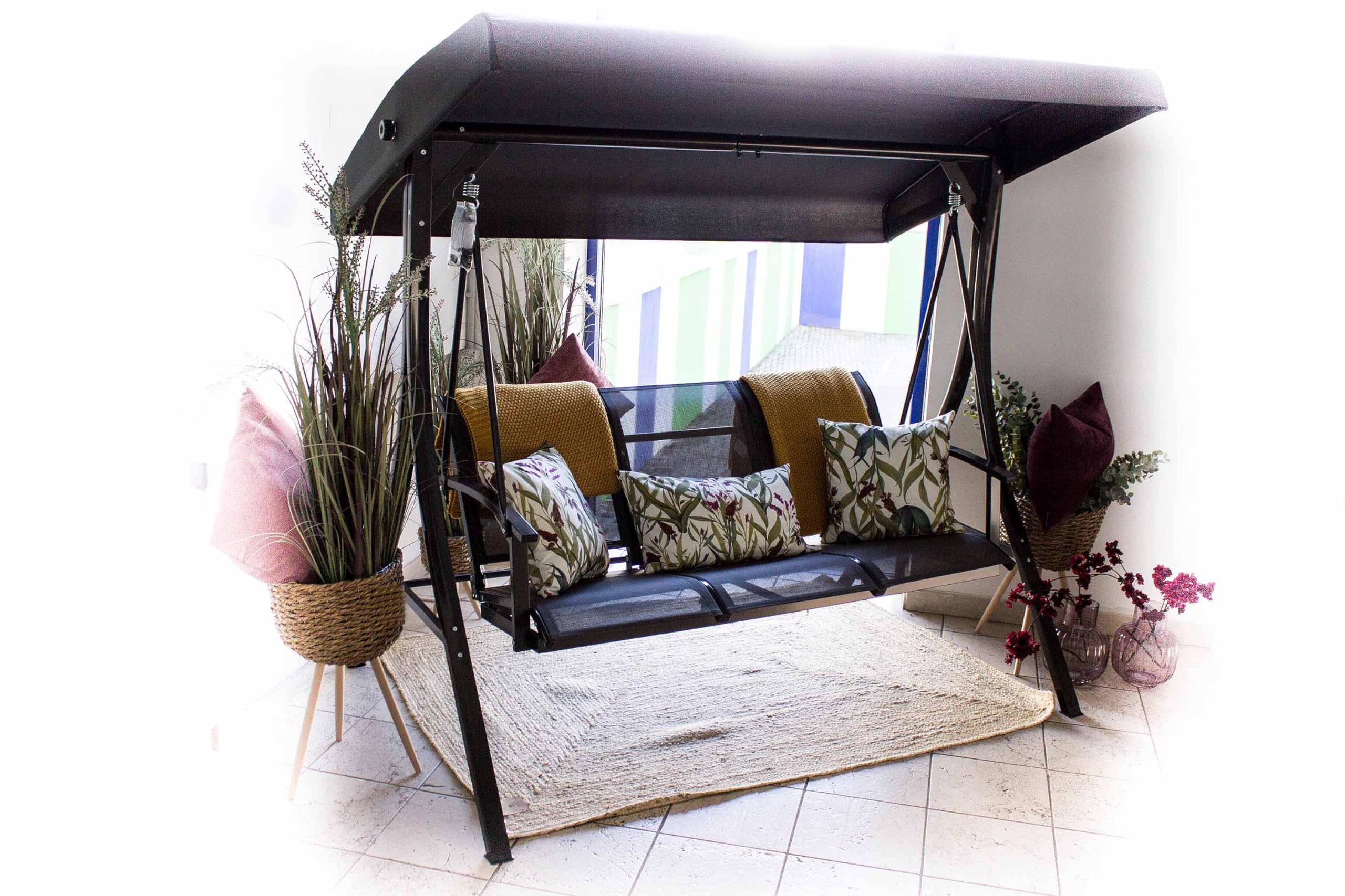 AVANTI TRENDSTORE - Calcinato - Dondolo a 3 posti con protezione solare, in textilene e metallo di colore grigio. Dimensioni LAP ca. 192x179x123 cm