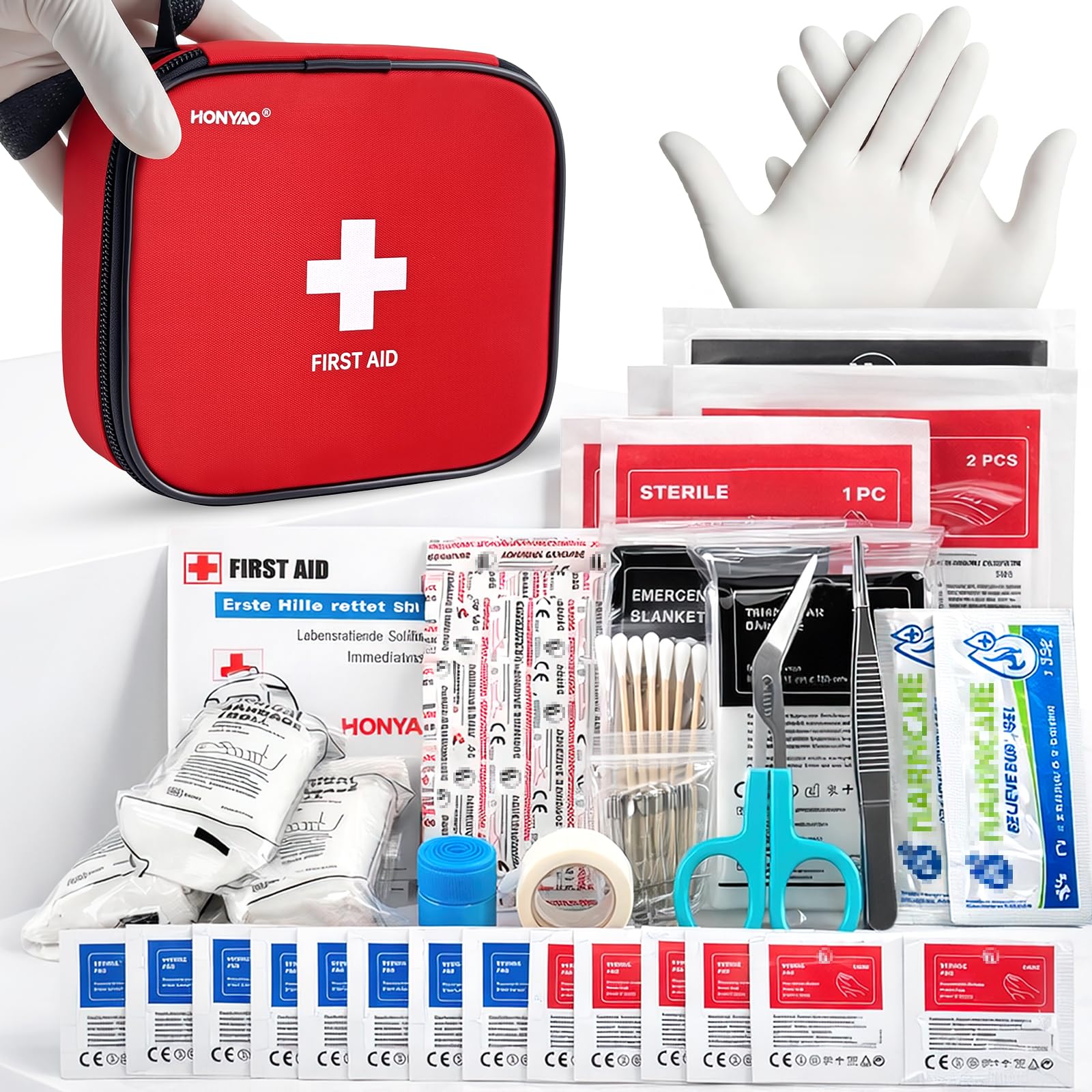HONYAO Erste Hilfe Set 222 Teile, Komplettes Erste Hilfe Tasche für Zuhause Arbeitsplatz Kinder Outdoor Reise Camping Wandern, Sport First Aid Kit, Rot