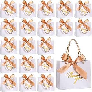 Hsei 40 Pcs Thank You Gift Bags with Handles 5.5 x 2.4 x 4.7 Inches Gold Foil Thank You Small Paper Bags Party Favor Bags with Bow Ribbon Bulk for Wedding Birthday Baby Shower (White)