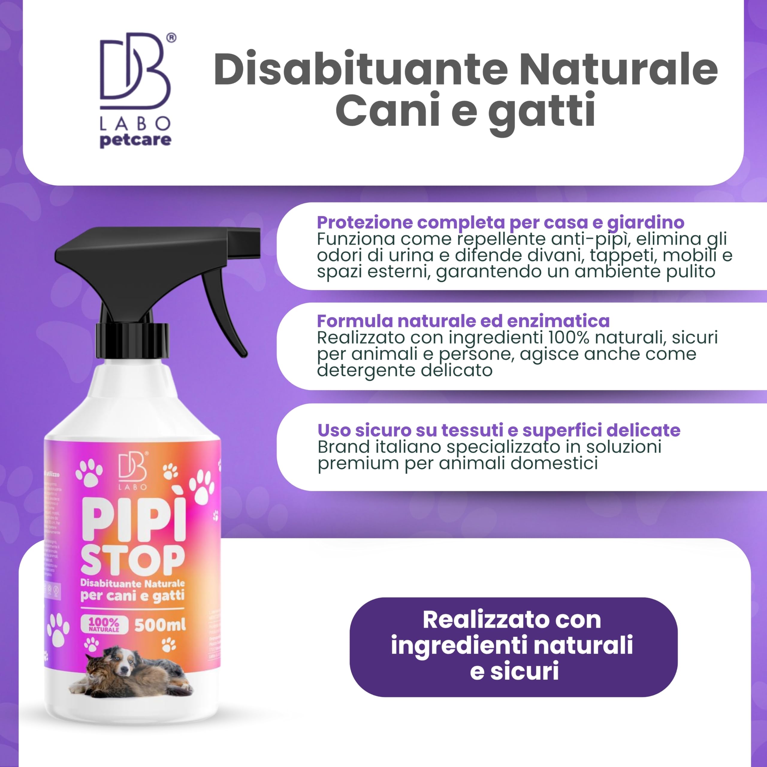 Spray Disabituante per Cani e Gatti 500ml, Repellente per Gatti, Anti Pipi, Dissuasori per Cani, Allontana Animali da Divano, Giardino e Pavimenti, Urine off Gatti, Uso Interno ed Esterno