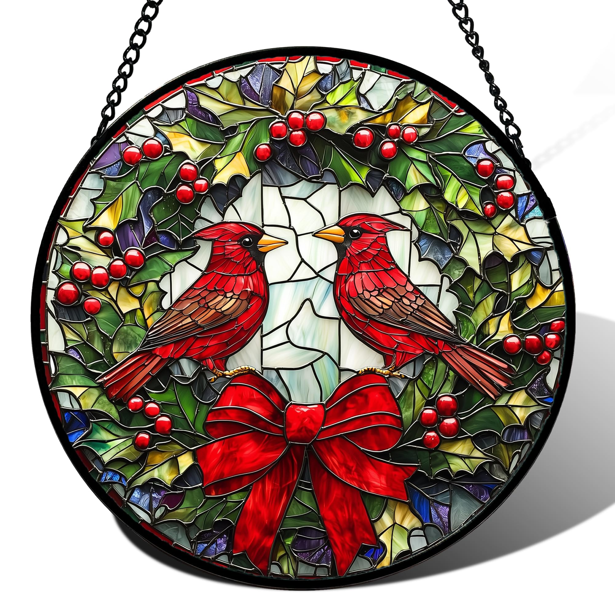 Cardinals Green Wreath Stained Glass Window Hanging Suncatcher Gifts 15"