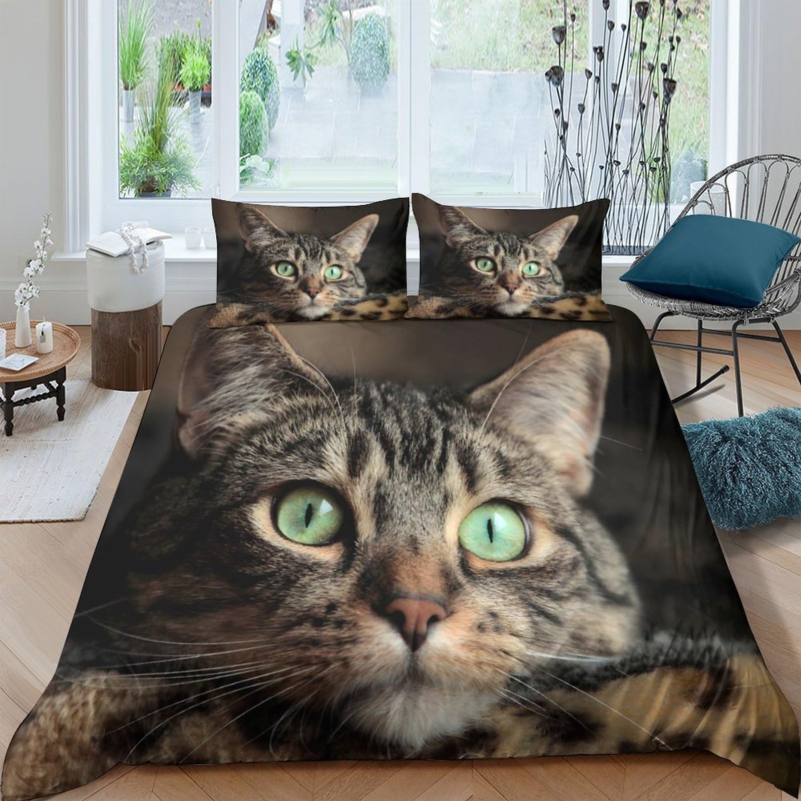 Ctjqhvkz Style-2 3D Printed Tabby Cat Fitted Sheet Microfiber Soft Breathable Realistic Green Eyes Mattress Cover For Bedroom Decor Single（135X200cm）