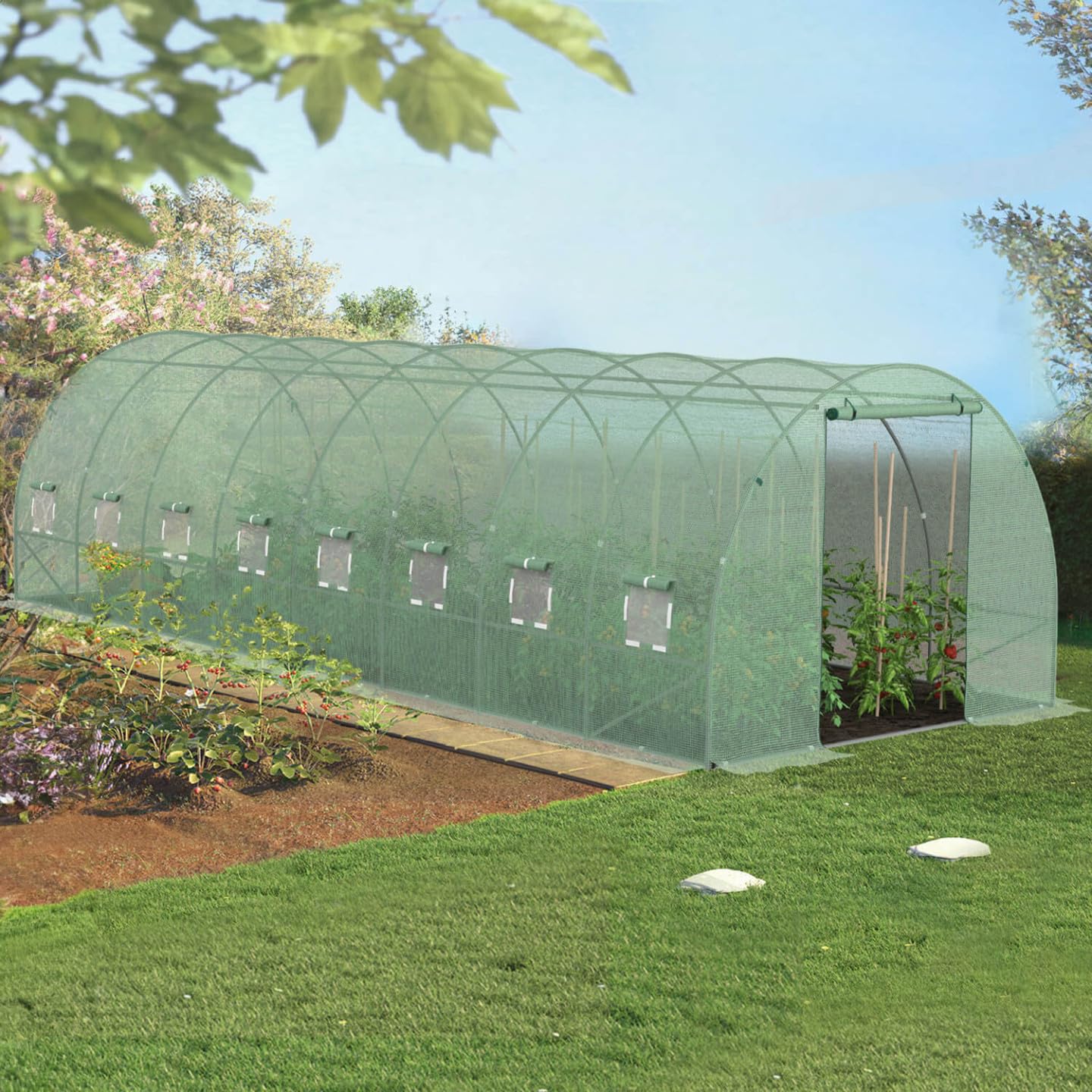 Probache - Bâche de Rechange pour Serre de Jardin Tunnel 24m² 8 x 3 x 2 m Anti-UV avec Porte et fenêtres des Andes Verte