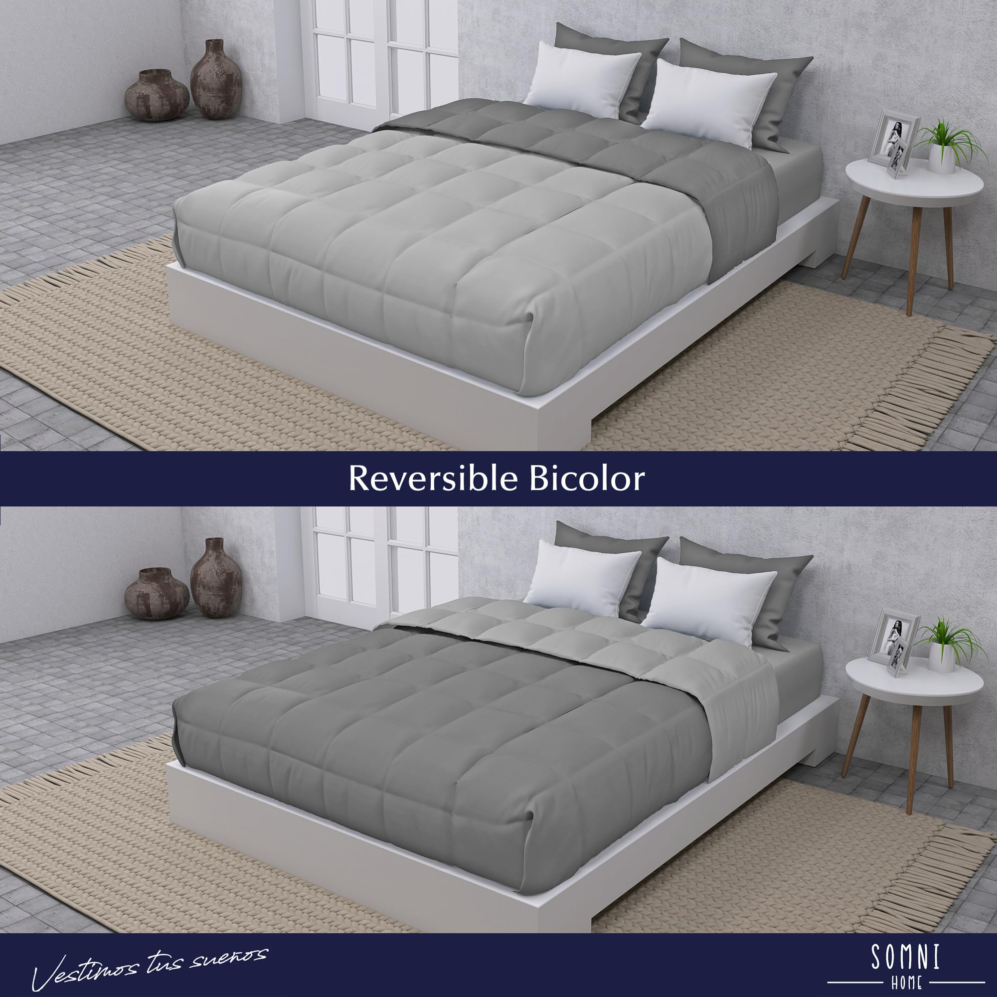 SOMNI HOME Edredón Reversible Nórdico Bicolor Otoño Cama 150/160 cm Duvet Tacto Pluma Microfibra Cálido Comodo Ligero. Cama Doble. Primavera Verano 200 gr. Perla - Gris 250x260