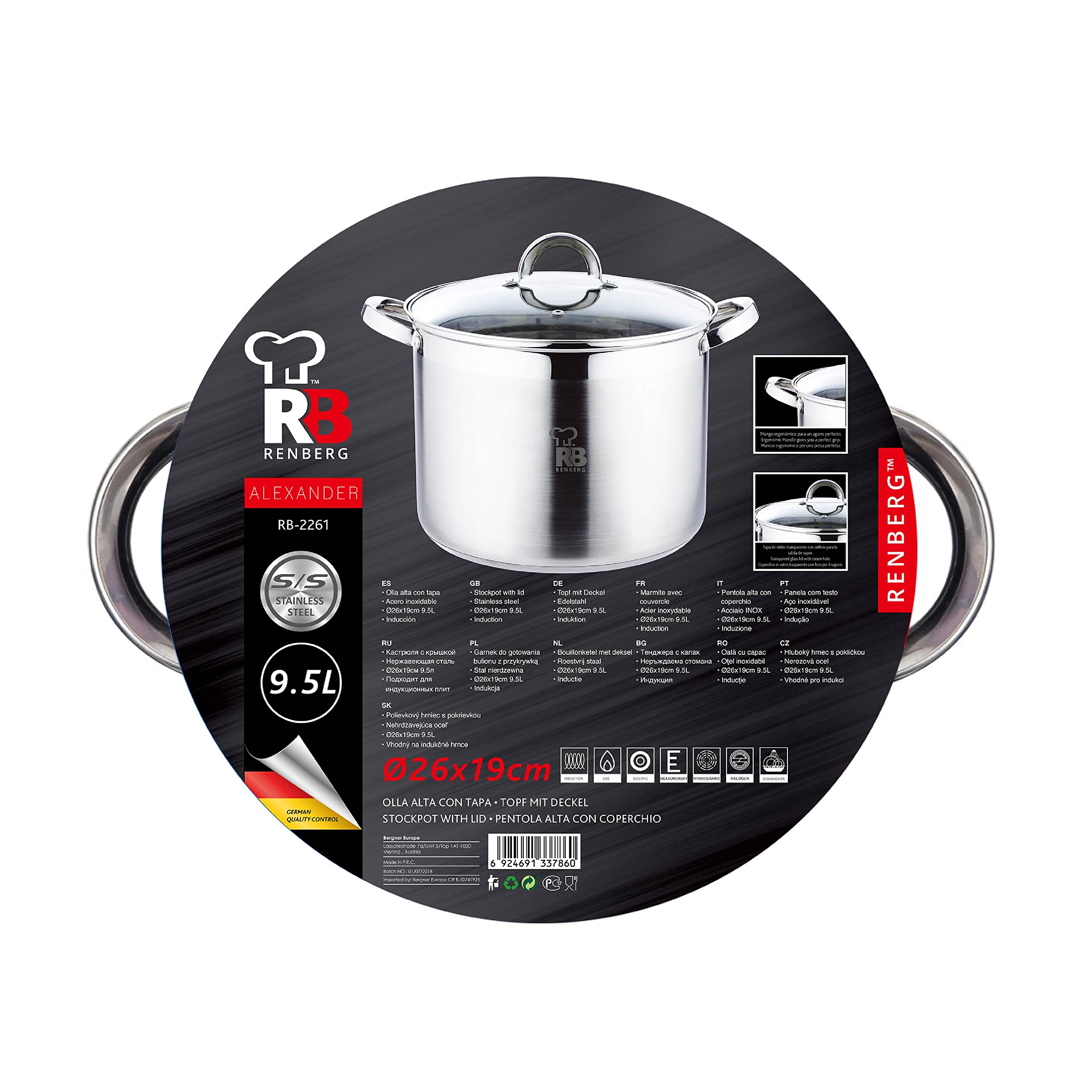 RENBERG Alexander | Acero Inoxidable | Batería de Cocina | Fondo Encapsulado de 5 Capas | Olla de Cocina Alta de 26x19 cm y 9,5 Litros con Tapa de Cristal