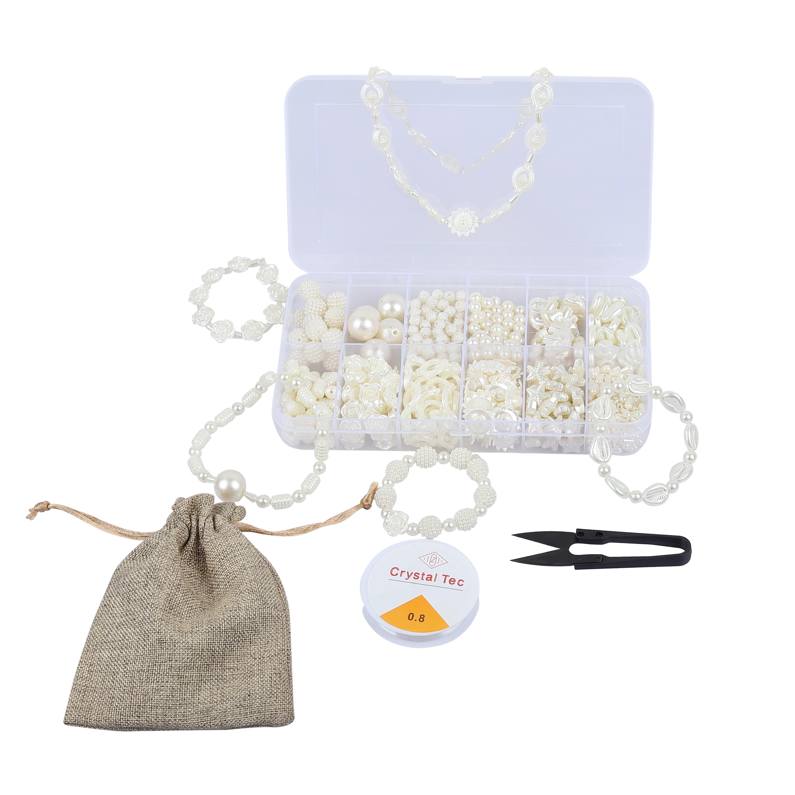 ambitieux Kids' Beading Craft Kit – Create Your Own Bracelets & Necklaces! Includes 12 Assorted Bead Colors, 0.7m Elastic, Thread Cutter, & Jute Bag – Perfect for Ages 4+ (The Pearl Kit)