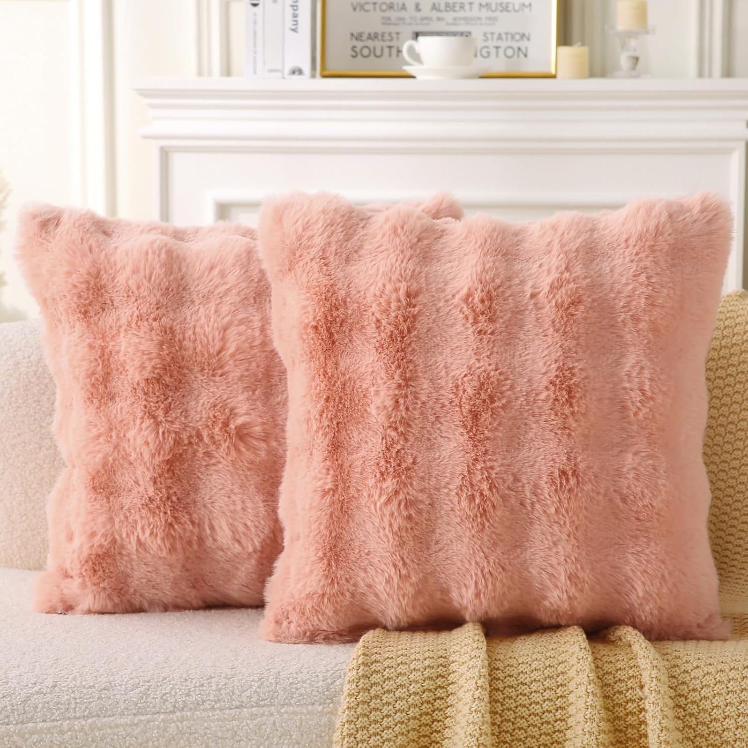 Decorative Throw Pillow with Inserts, 18x18 Set of 2 Soft Faux Fur Throw Pillows, Square Boho Medium Plaid Pillow for Couch, Bed, Sofa Decor, Green