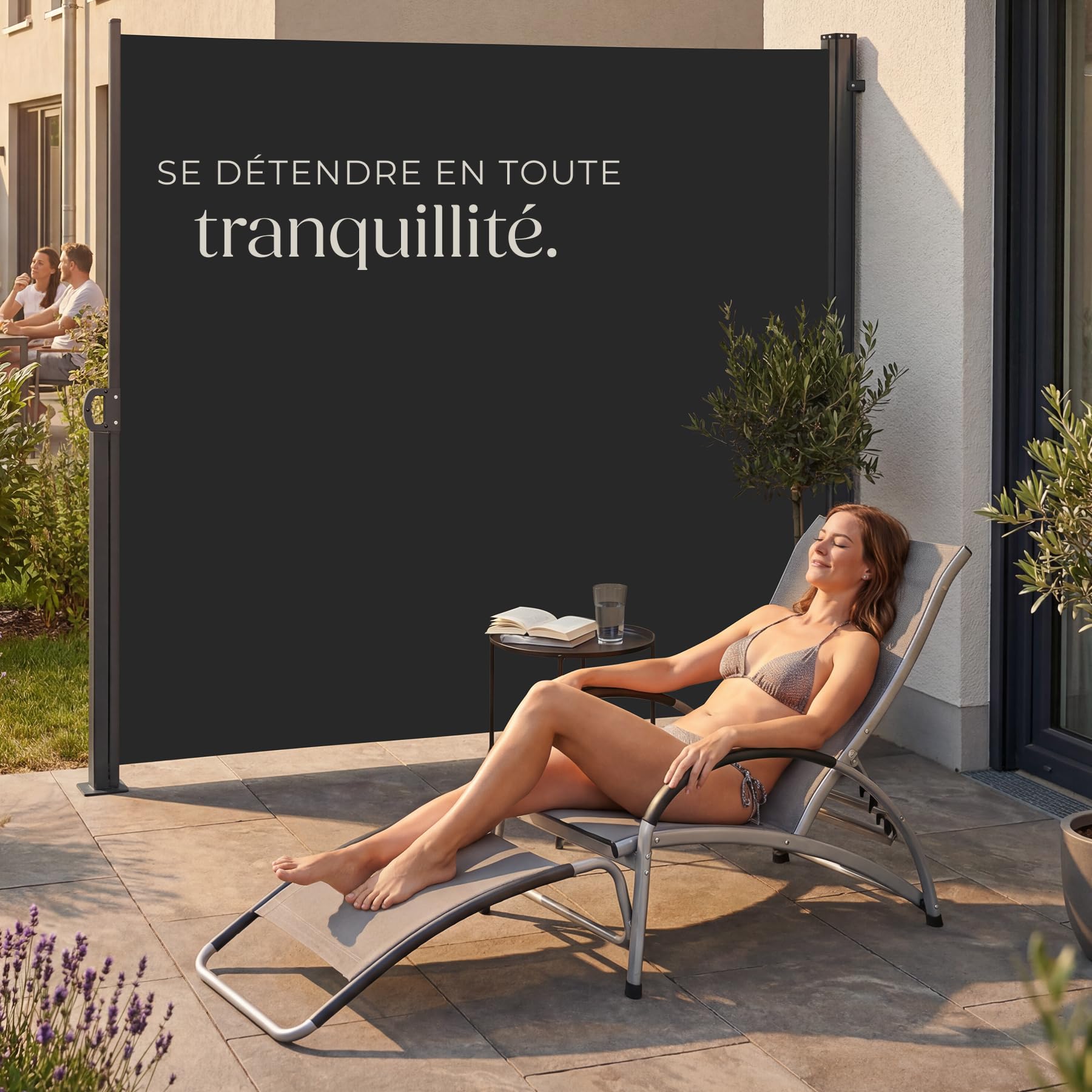 tectake® Store latéral 200 x 300 cm, Résistant aux intempéries, Protection Soleil et Vent, Brise Vue Opaque, Tissu en Polyester Enduit, Auvent latéral Extensible, Mécanisme d'enroulement - Noir