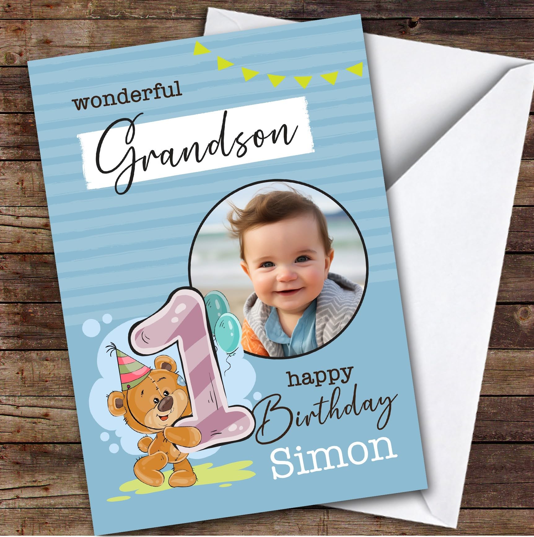 Grandson 1st Blue Teddy Bear Photo Boys Custom Personalised Birthday Card - Personalised Birthday Greeting Card for Kids, Custom Birthday Card