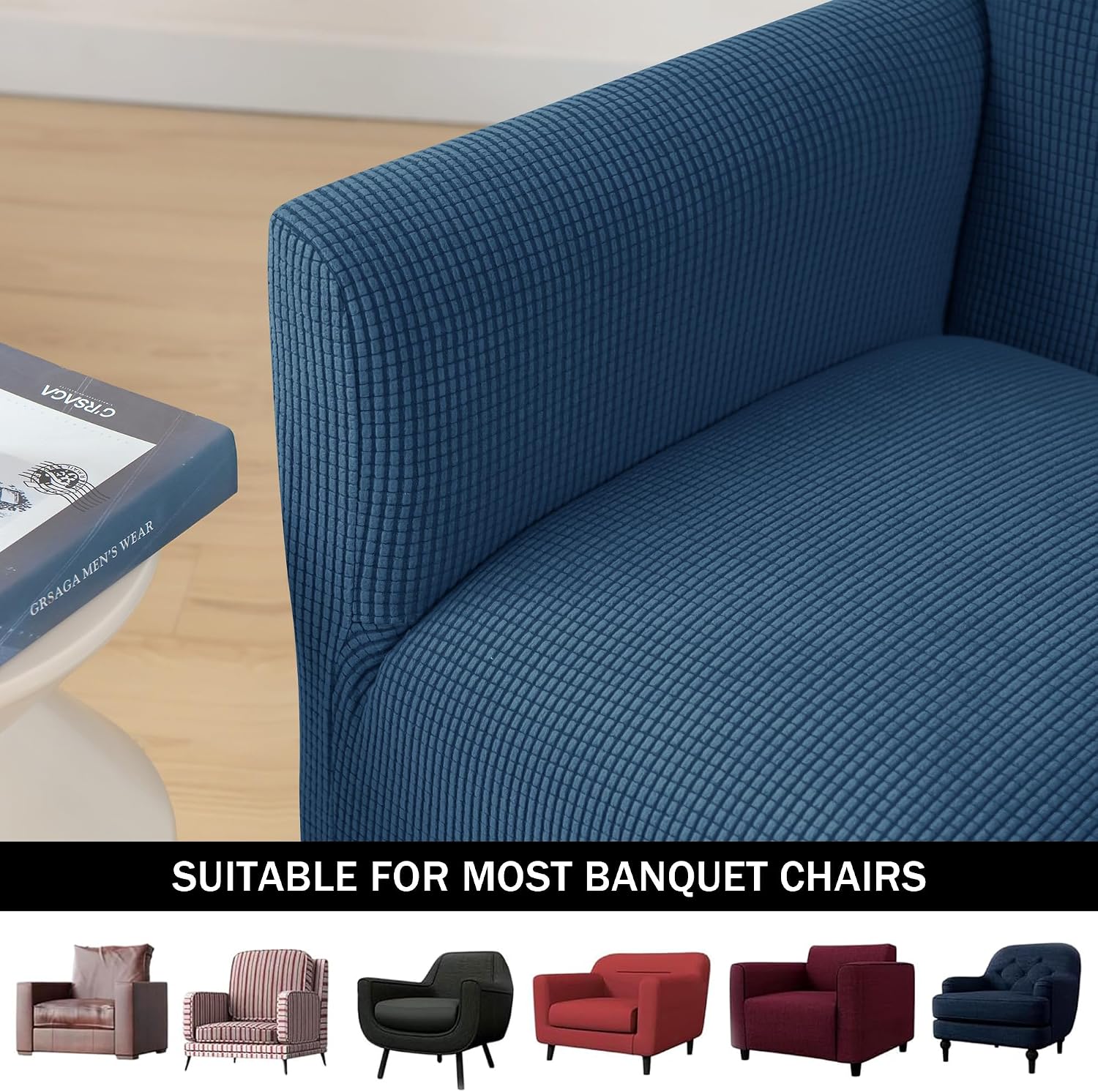 Stretch Armchair Slipcovers, 1-Piece Banquet Armchair Covers Soft Jacquard Chair Slipcover with Arms Furniture Protector for Living Room Bedroom (Blue)