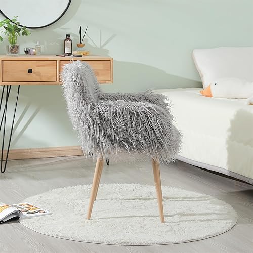 Miniatura 3 de SSLine Silla de tocador de piel sintética, elegante silla de escritorio de maquillaje de pelo blanco para niñas y mujeres, moderna y cómoda silla