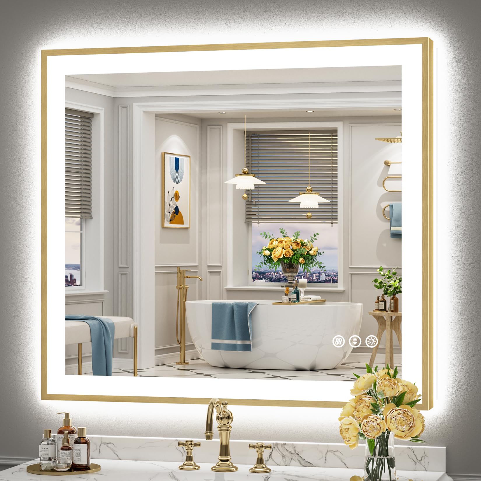 40x36 Gold LED Bathroom Mirror with Lights, Lighted Vanity Mirror