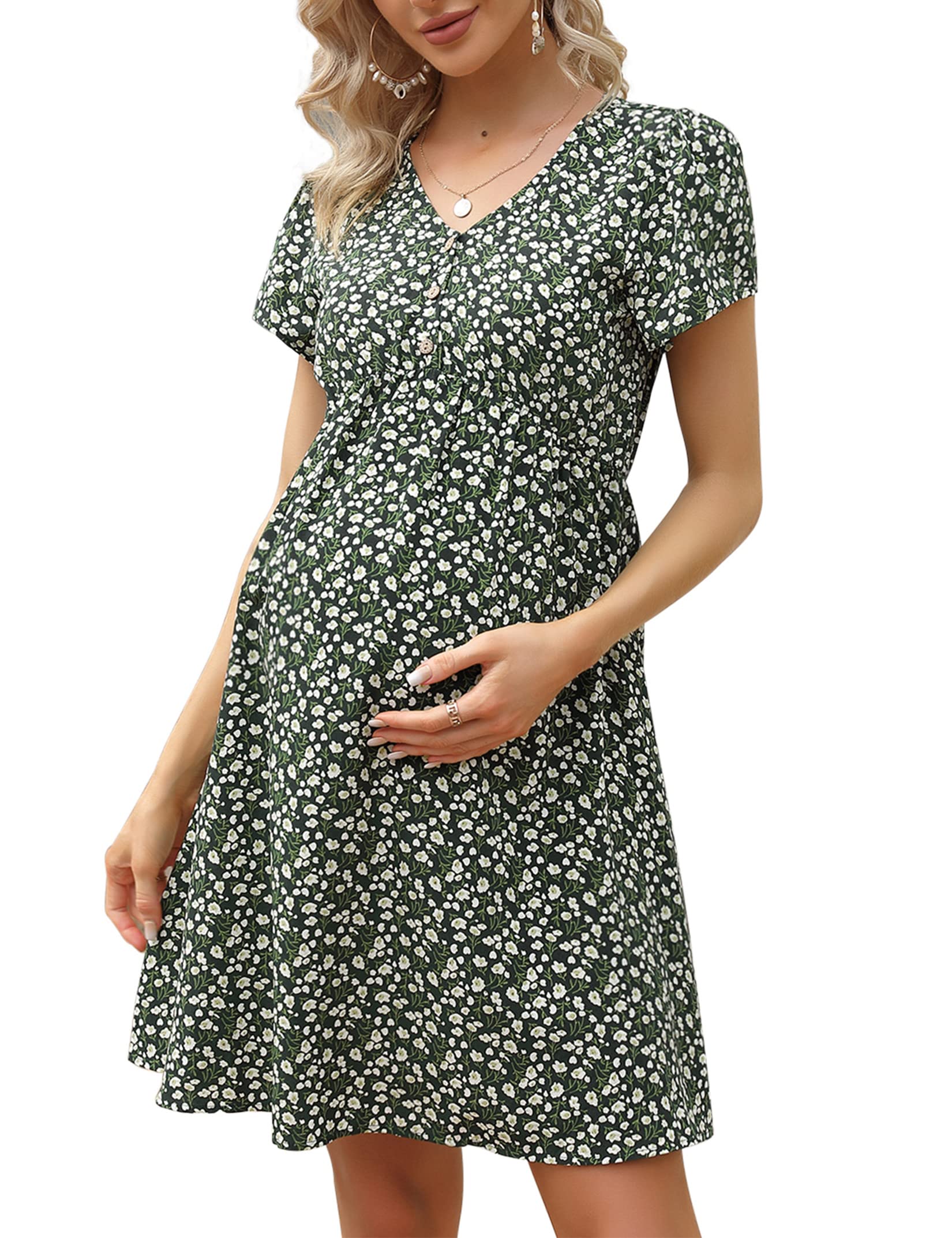 Womens Casual V Neck A Line Swing Wrap Maternity Dress Flowy Midi Maternity Dress for Baby Shower Photoshoot