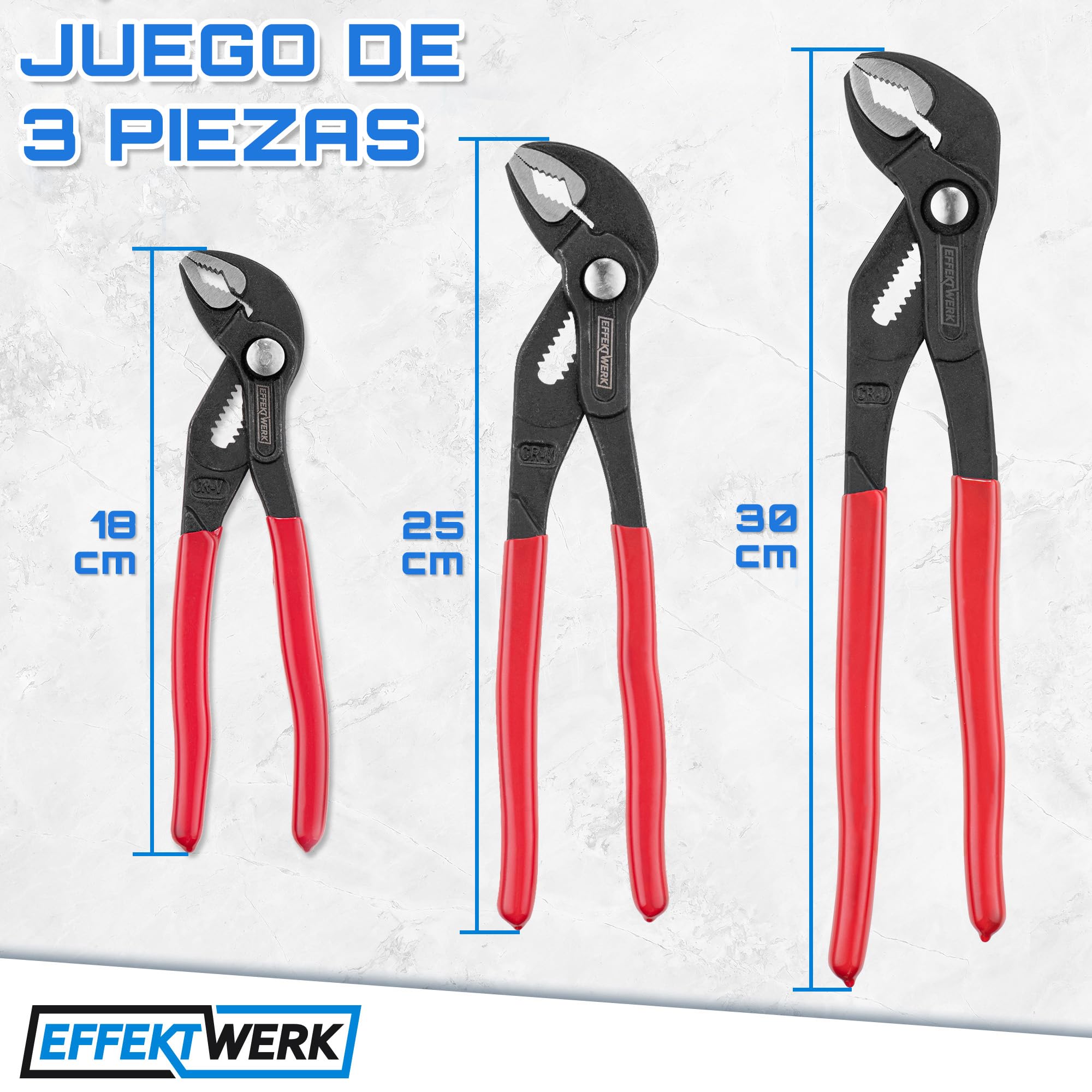 Juego de alicates para bomba de agua de 3 piezas - 18 cm, 25 cm, 30 cm - Llave de fontanero antideslizante, alicates de lengüeta y ranura con mordazas ajustables