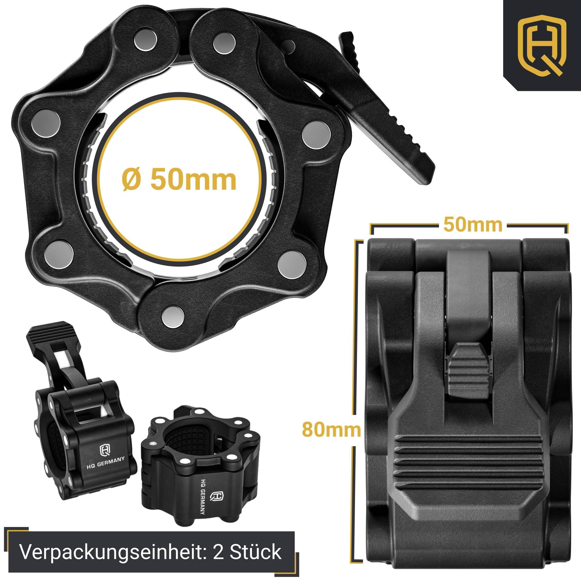 HQ Germany® Hantelverschluss 50mm [magnetisch] - Barbell Collars 2er-Paar | Magnete zum Aufhängen, Gummieinlage mit Wabenstruktur, bombenfester Sitz, Sicherheitsverschluss, Stahlgelenke statt Plastik