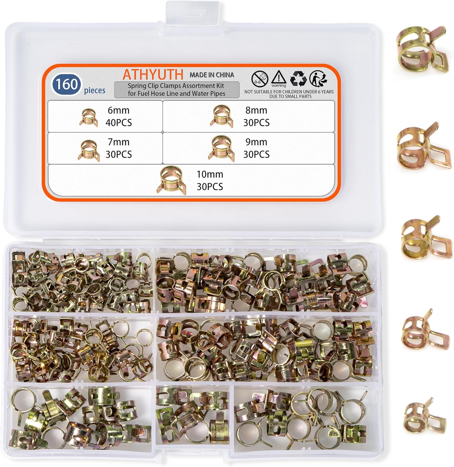 160pcs 6-10mm Silicone Vacuum Fuel Hose Line Spring Clip Clamp Spring Band Type Action Fuel Pipe Clamps Low Pressure Air Clip Clamp Assortment Kit