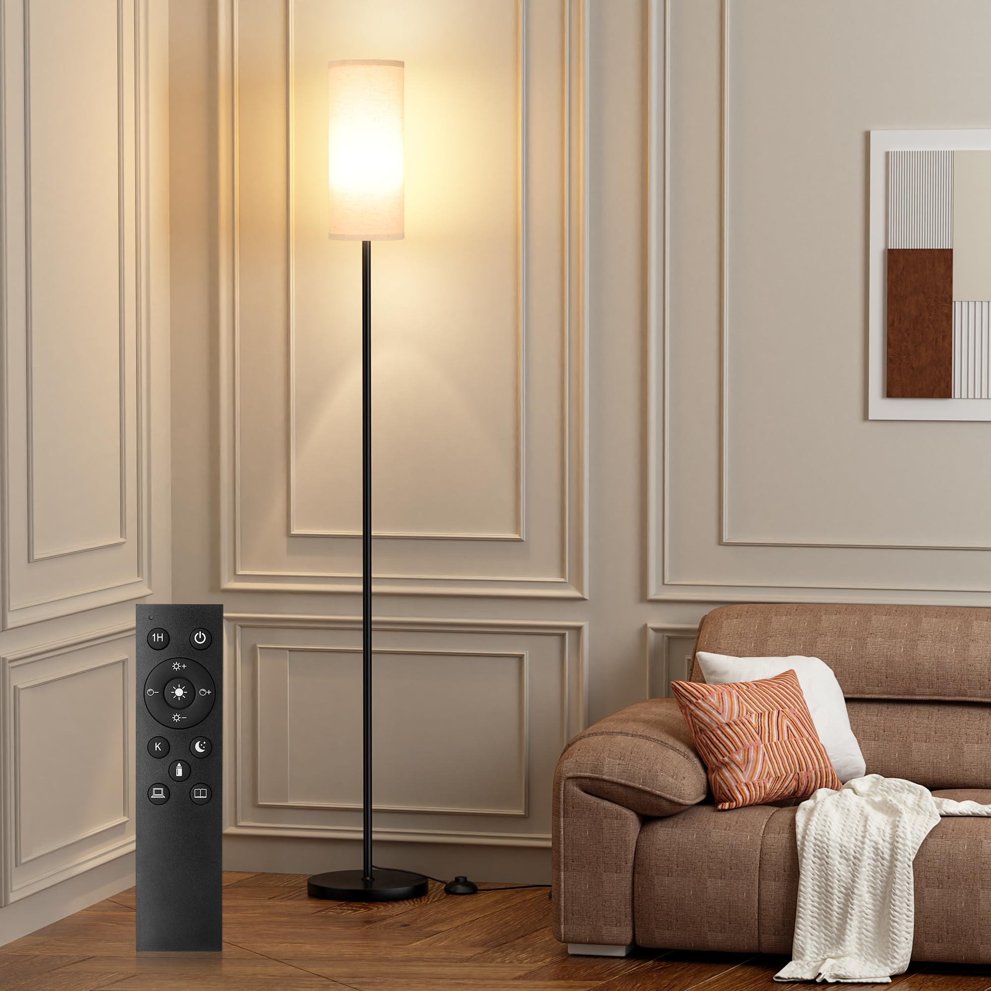 Ambimall 66'' Floor Lamps for Living Room with Remote Control and Stepless Dimmable Colors Temperature &amp; Brightness, 9W Bulb Included(Beige Lampshade &amp; Black Pole)