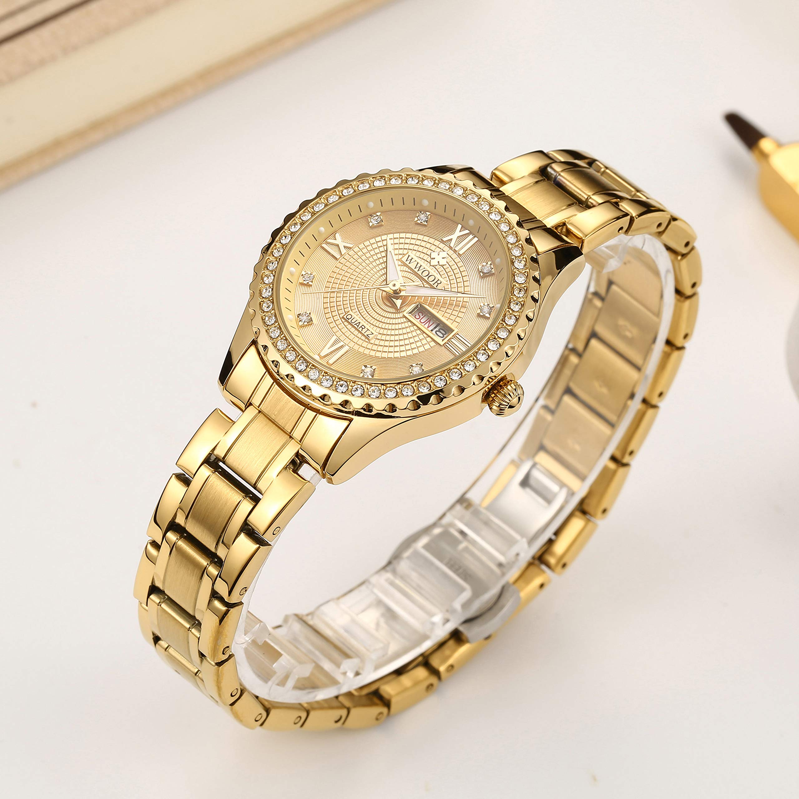 WWOOR Orologio da polso da uomo e donna, alla moda, di lusso, originale, analogico, al quarzo, impermeabile, con data, in acciaio inox, casual, regalo (oro, nero, argento)