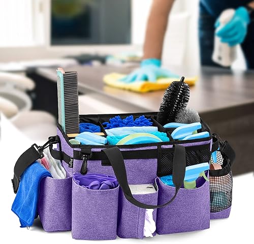 Miniatura 7 de LoDrid Bolsa de limpieza portátil con 4 divisores plegables, bolsa de suministros de limpieza para suministros de limpieza, organizador de limpieza