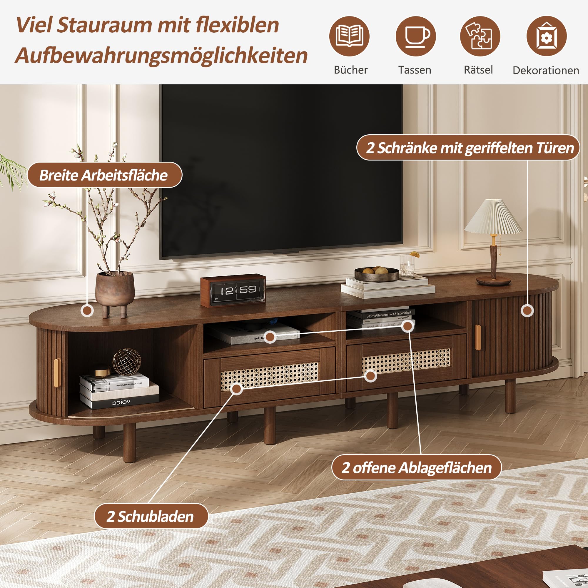 ModernLuxe Mobile TV Ovale e Tavolo TV per 70 Pollici, con 2 Cassetti in Rattan, 2 Ante Scorrevoli, Credenza Bassa, 170 * 40 * 40 cm Color Noce