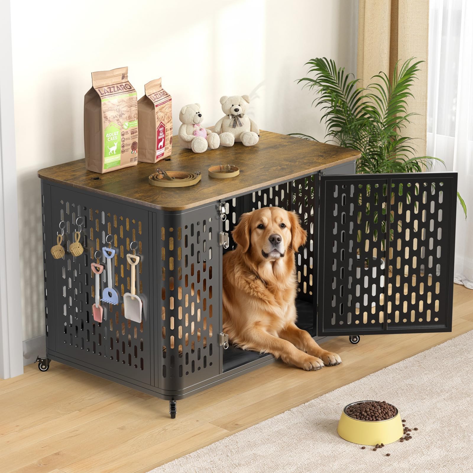 Heavy Duty Dog Crate Furniture for Large and Medium Dogs, 43.7 Inch Large Dog Crate Kennel with Flip Top & Cushion & Wheels, Escape Proof Pet Cage,Wooden Cage Kennel Furniture Indoor
