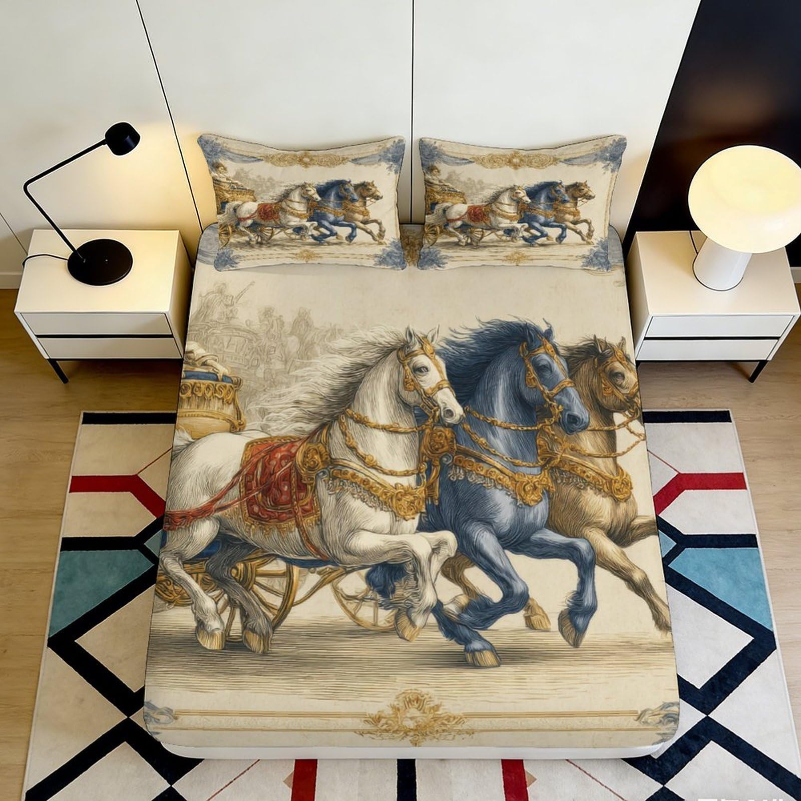 3D Printed Vintage Horse Carriage Fitted Sheet Microfiber Non Slip Mattress Cover for Bedroom Dorm Easy Care Decor 120x200x25cm