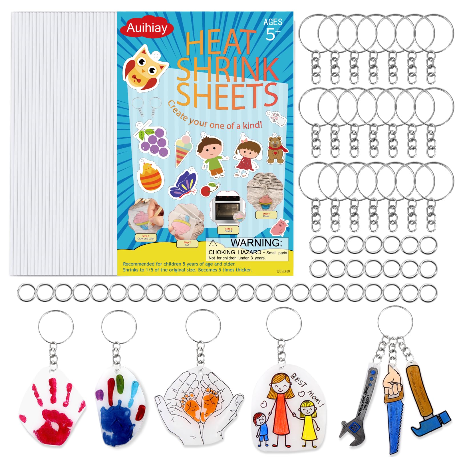 Auihiay 30PCS Shrink Plastic Craft Kit for Kids with 30 Keychains & 100 Jump Rings, Shrink Films Papers