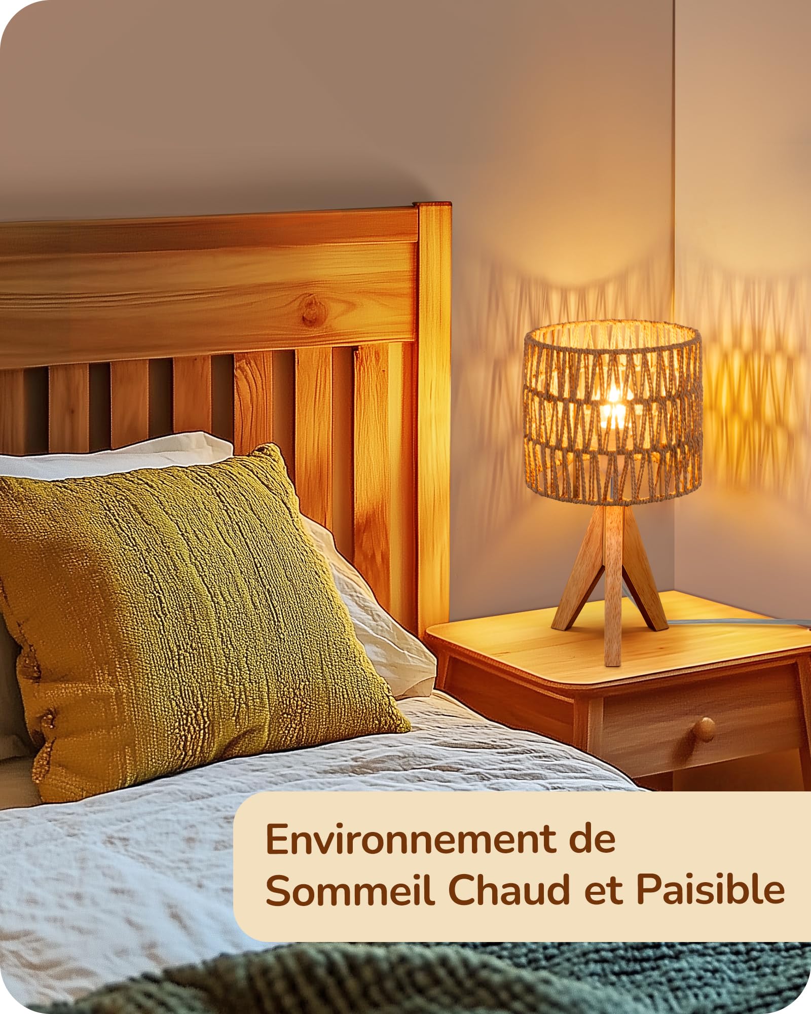 EDISHINE Lampe de Chevet Trépied en Bois Massif, E27 Ampoule de 2700K 4W Incluse, Abat-jour en Corde Tissée à la Main, 20 x 20 x 36 cm, Lampe de Table Moderne pour Chambre, Salon, Hôtel