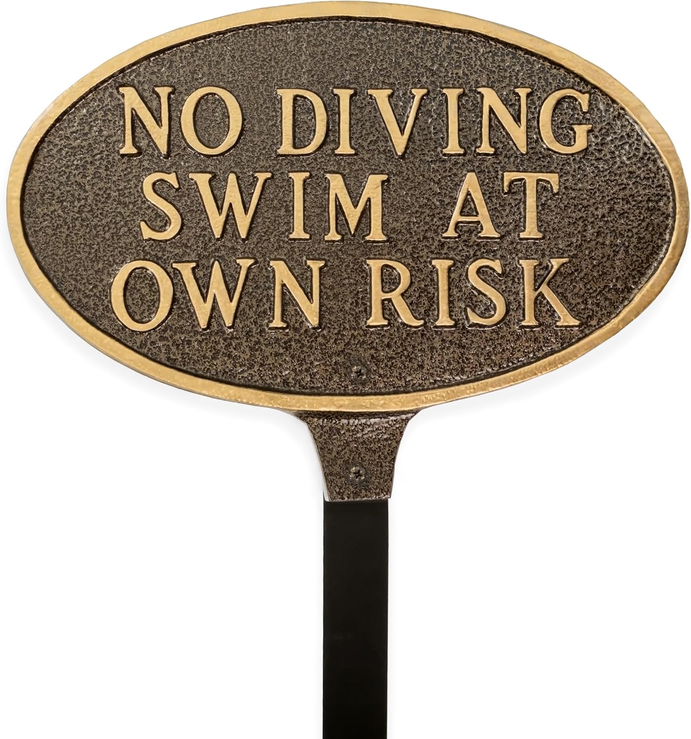 Montague Metal Products No Diving Swim At Own Risk Oval Sign with Lawn Stake (Hammered Bronze/Gold, 13" x 8.5")